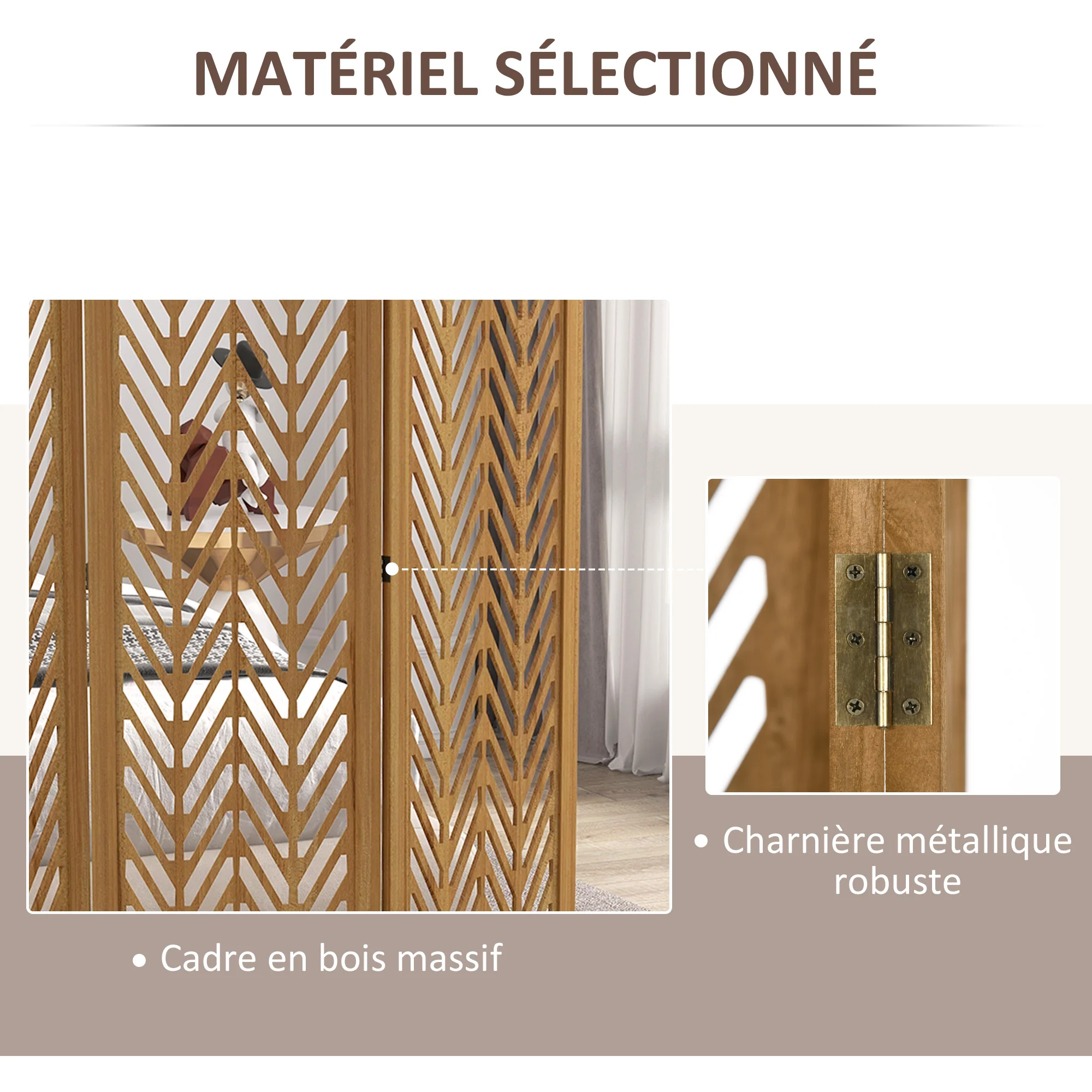 Paravent en bois ajouré séparateur de pièce closion intérieur pliable 3 panneaux en bois 120 x 170 cm naturel - Image 6