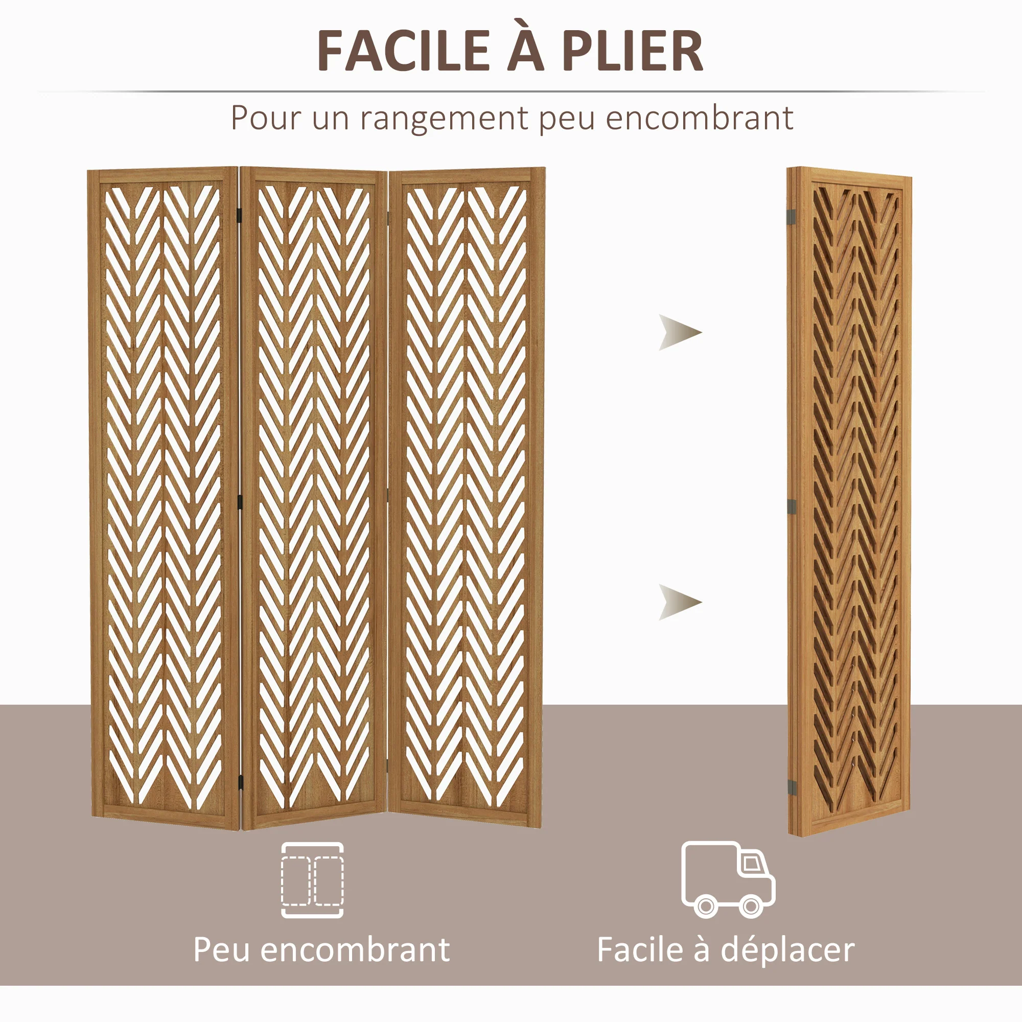 Paravent en bois ajouré séparateur de pièce closion intérieur pliable 3 panneaux en bois 120 x 170 cm naturel - Image 7