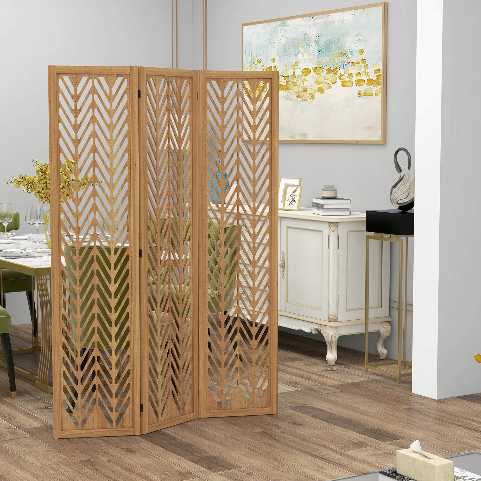 Paravent en bois ajouré séparateur de pièce closion intérieur pliable 3 panneaux en bois 120 x 170 cm naturel - Image 8