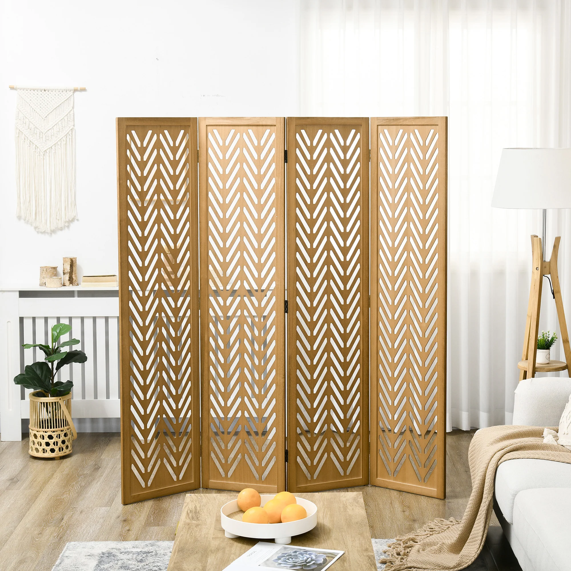 Paravent en bois ajouré séparateur de pièce closion intérieur pliable 4 panneaux en bois 160 x 170 cm naturel - Image 3