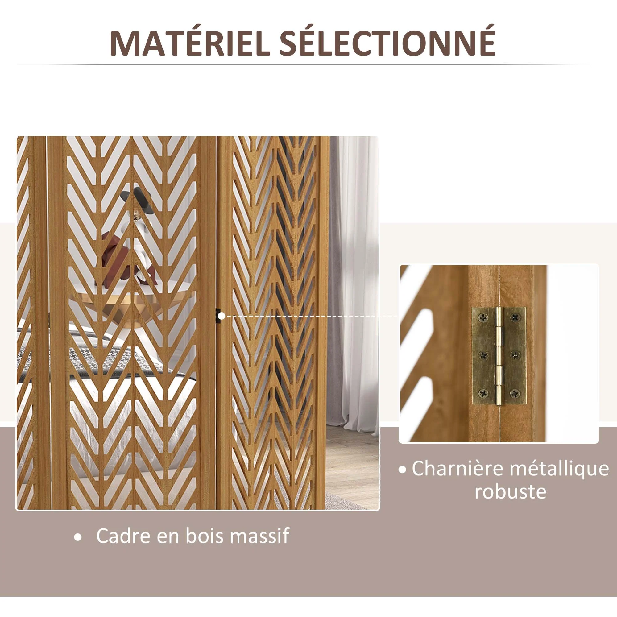 Paravent en bois ajouré séparateur de pièce closion intérieur pliable 4 panneaux en bois 160 x 170 cm naturel - Image 6