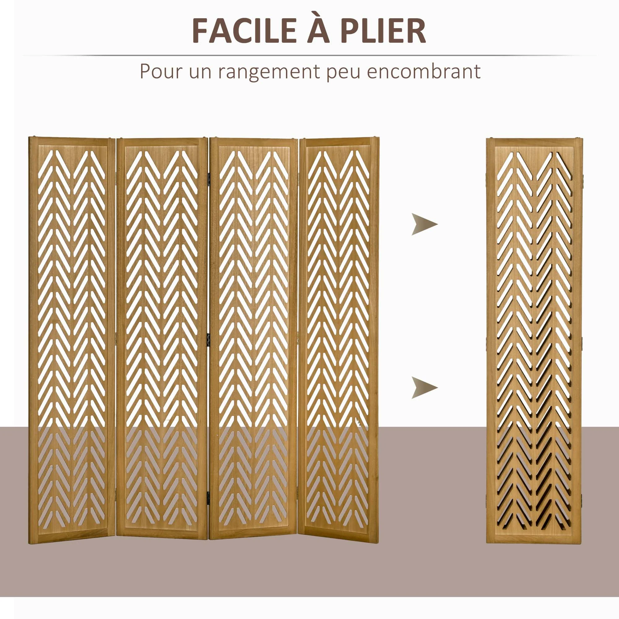 Paravent en bois ajouré séparateur de pièce closion intérieur pliable 4 panneaux en bois 160 x 170 cm naturel - Image 7