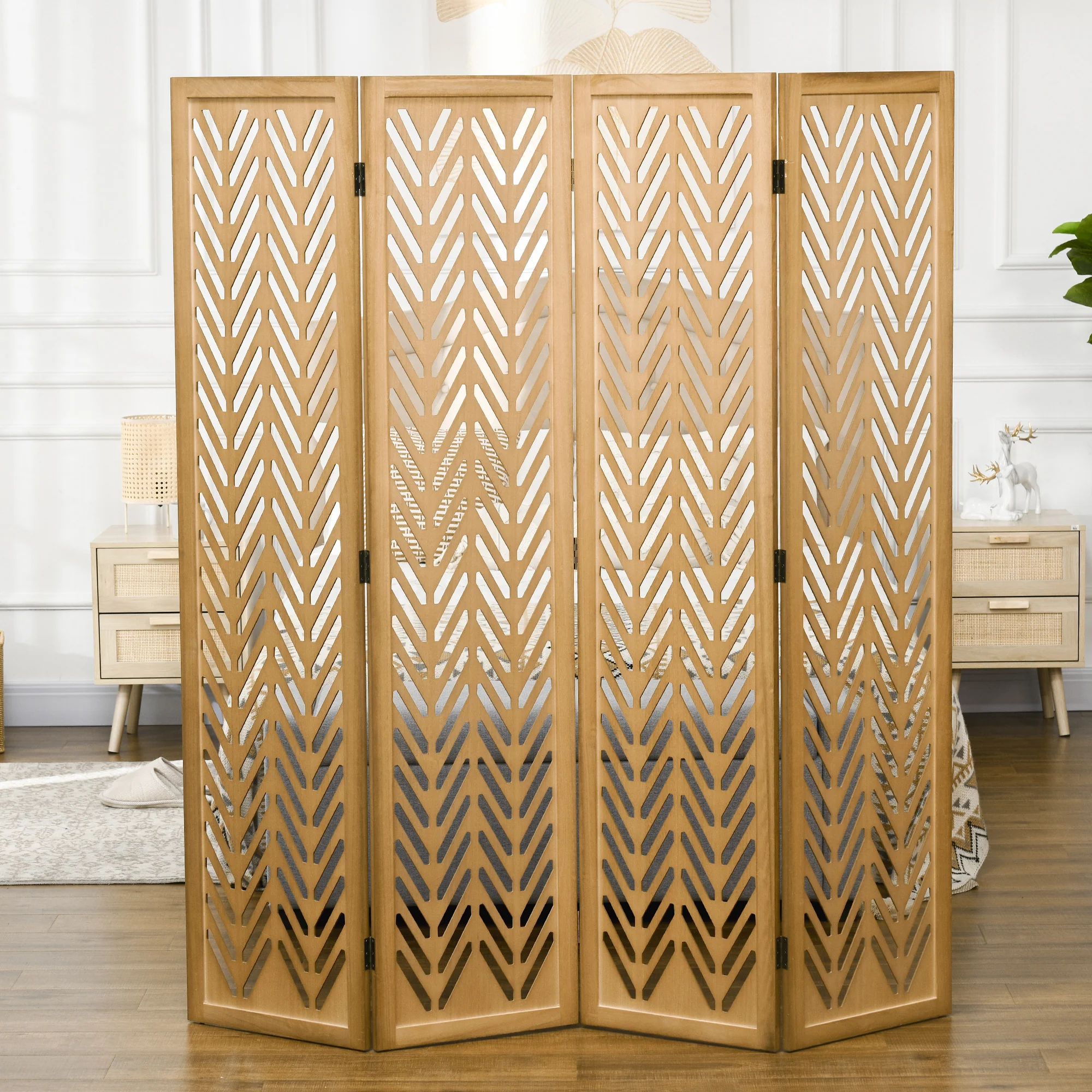 Paravent en bois ajouré séparateur de pièce closion intérieur pliable 4 panneaux en bois 160 x 170 cm naturel - Image 8