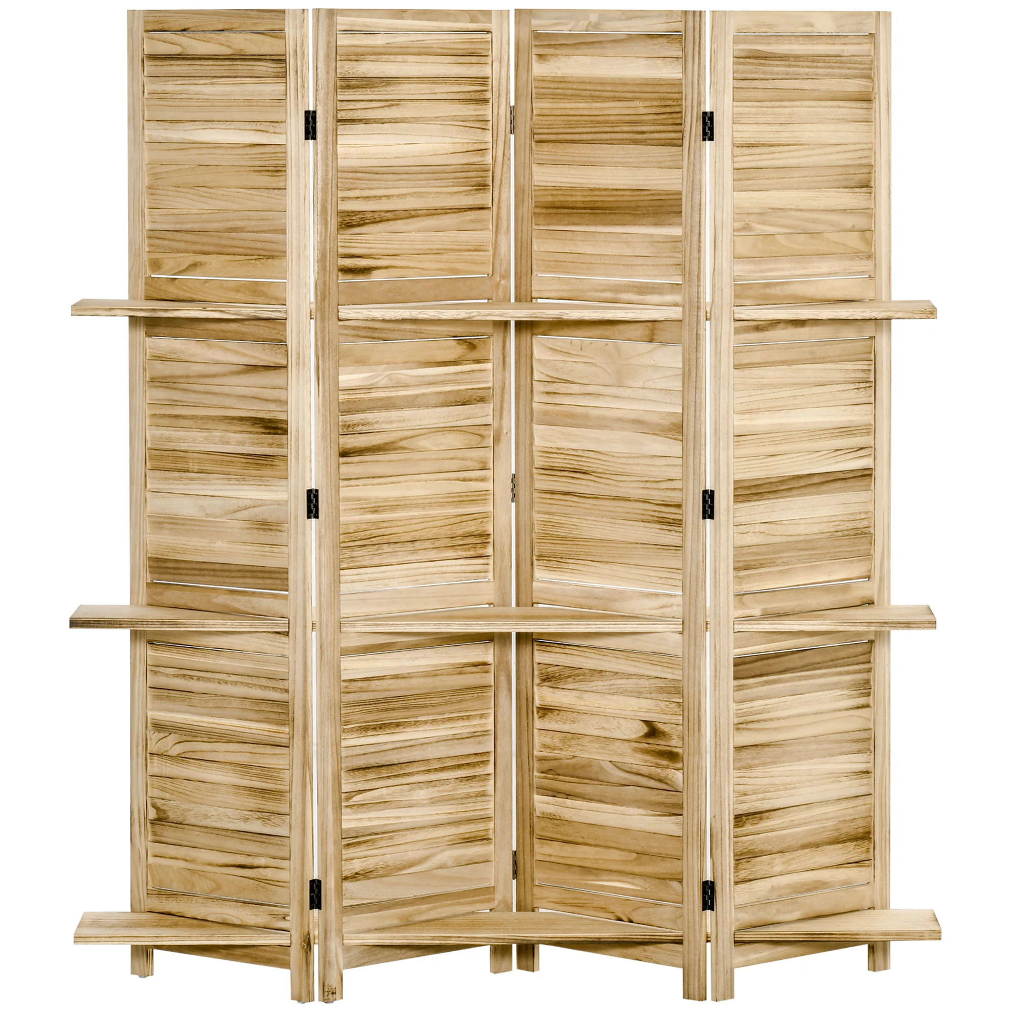 Paravent intérieur 4 Panneaux 162L x 170H cm 3 étagères Pliables séparateur de pièce Portes persiennes Bois de Paulownia Naturel