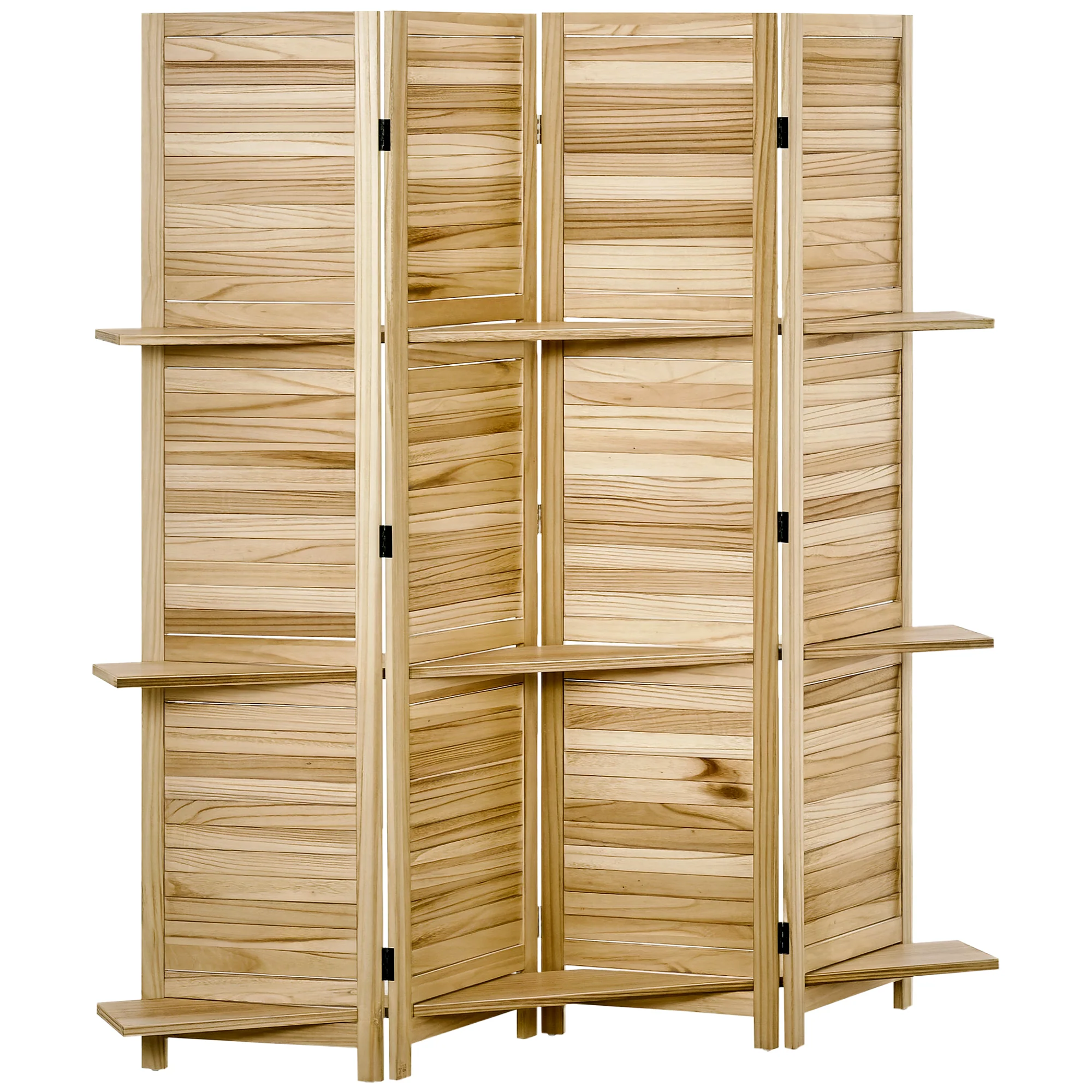 Paravent intérieur 4 Panneaux 162L x 170H cm 3 étagères Pliables séparateur de pièce Portes persiennes Bois de Paulownia Naturel - Image 11