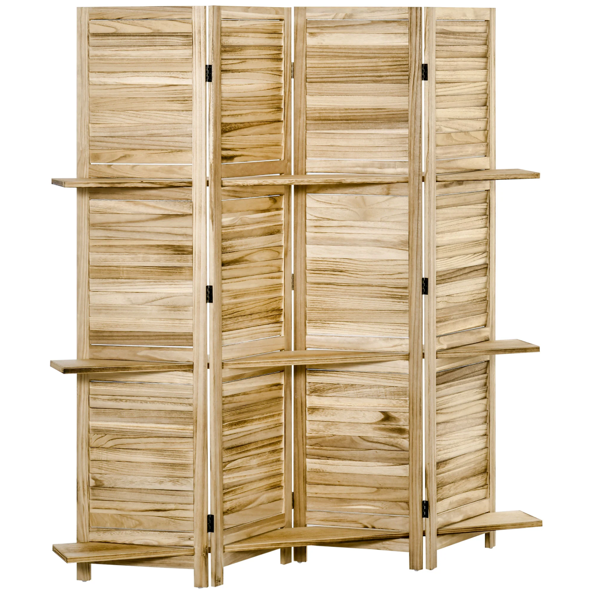 Paravent intérieur 4 Panneaux 162L x 170H cm 3 étagères Pliables séparateur de pièce Portes persiennes Bois de Paulownia Naturel - Image 2