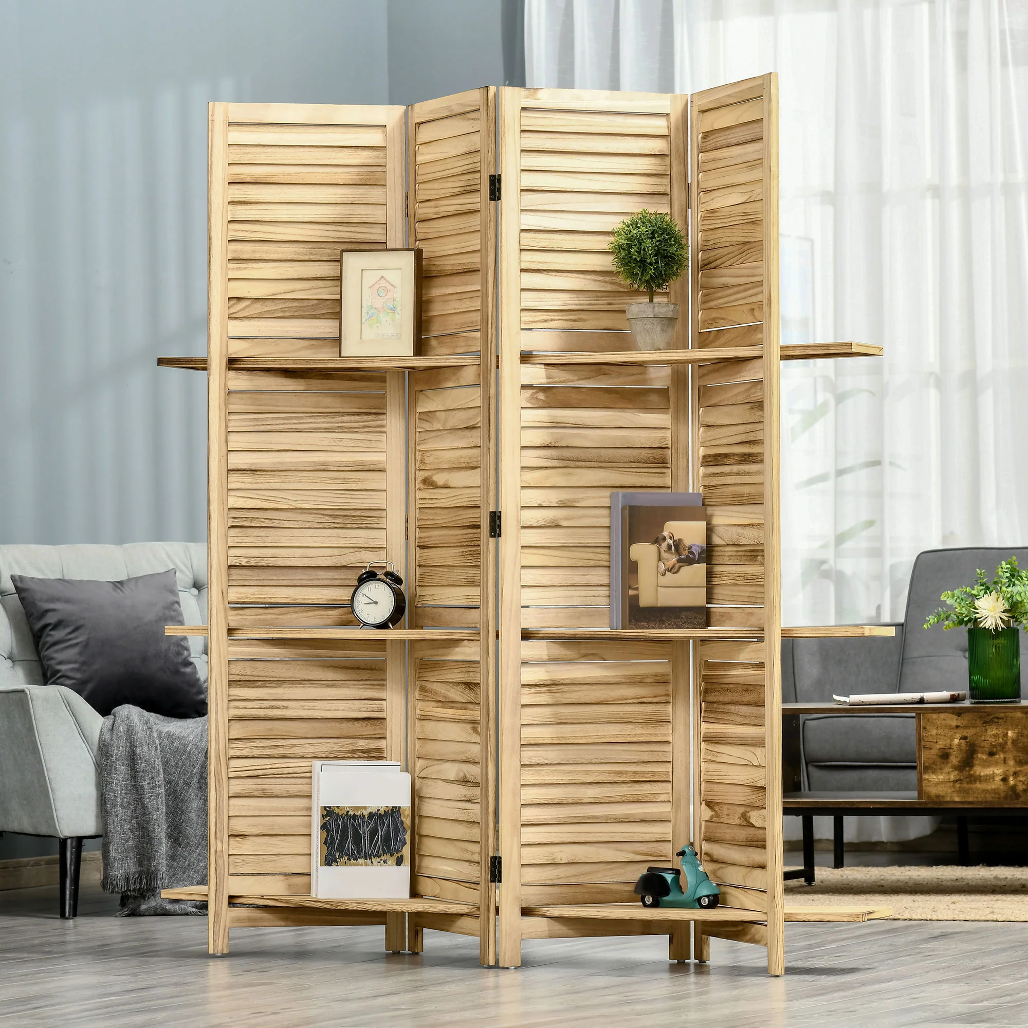 Paravent intérieur 4 Panneaux 162L x 170H cm 3 étagères Pliables séparateur de pièce Portes persiennes Bois de Paulownia Naturel - Image 3
