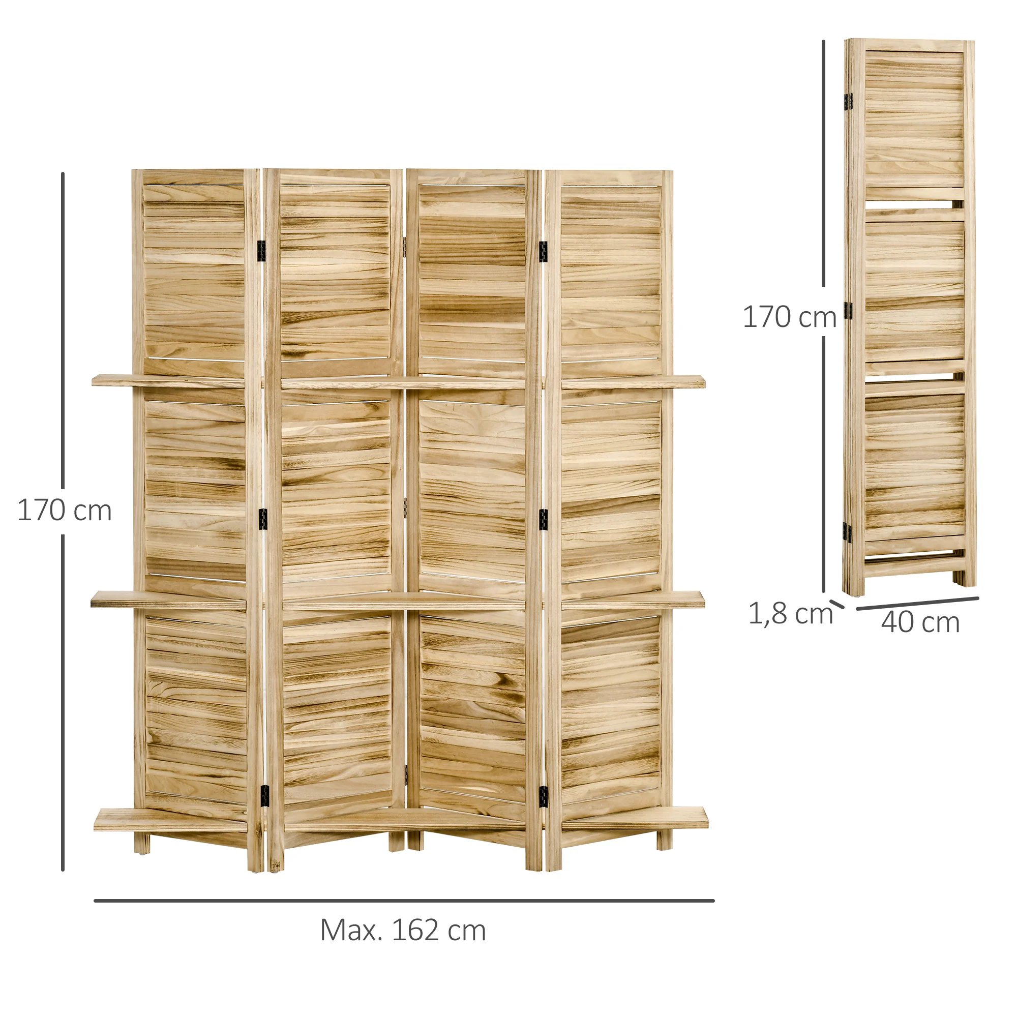 Paravent intérieur 4 Panneaux 162L x 170H cm 3 étagères Pliables séparateur de pièce Portes persiennes Bois de Paulownia Naturel - Image 4