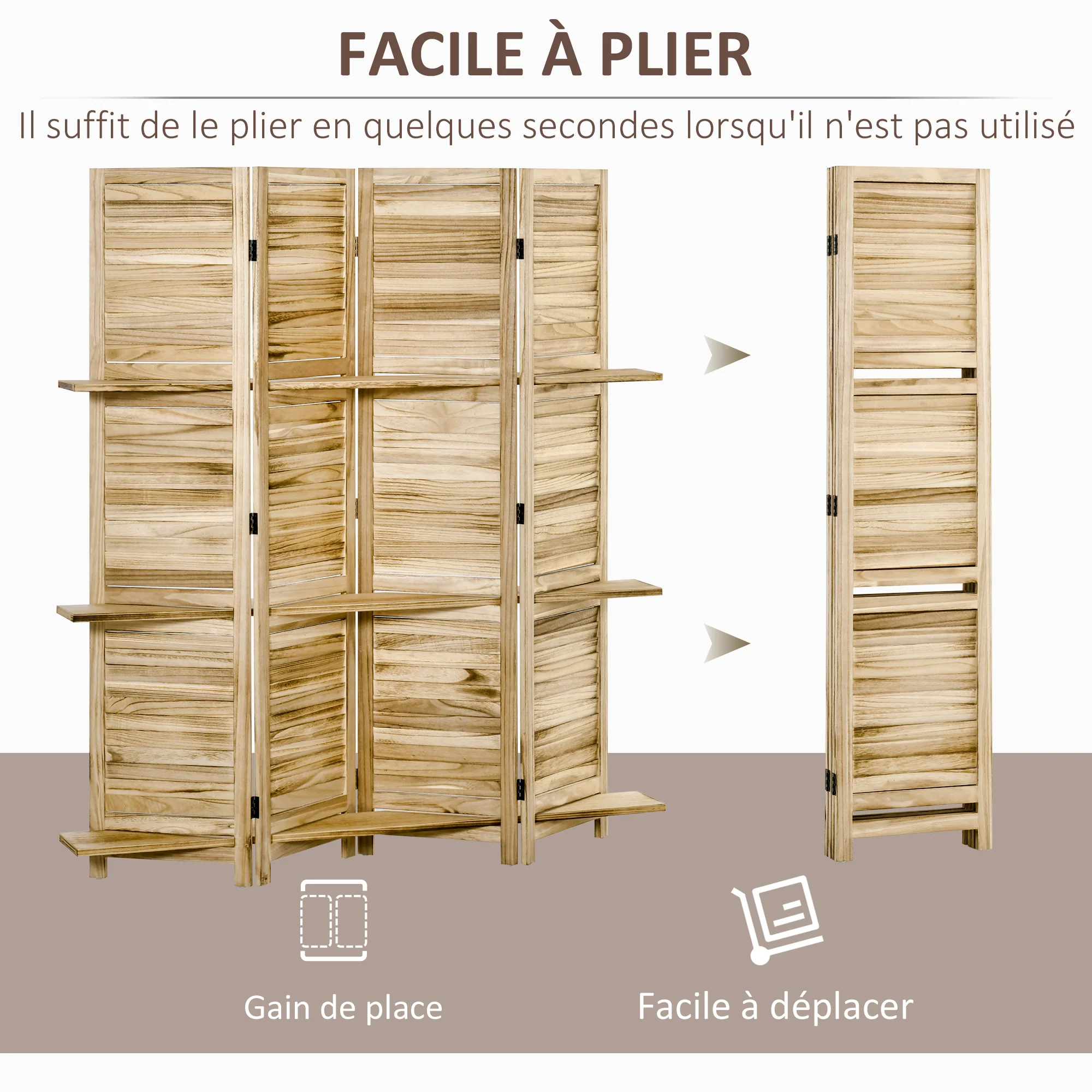 Paravent intérieur 4 Panneaux 162L x 170H cm 3 étagères Pliables séparateur de pièce Portes persiennes Bois de Paulownia Naturel - Image 5