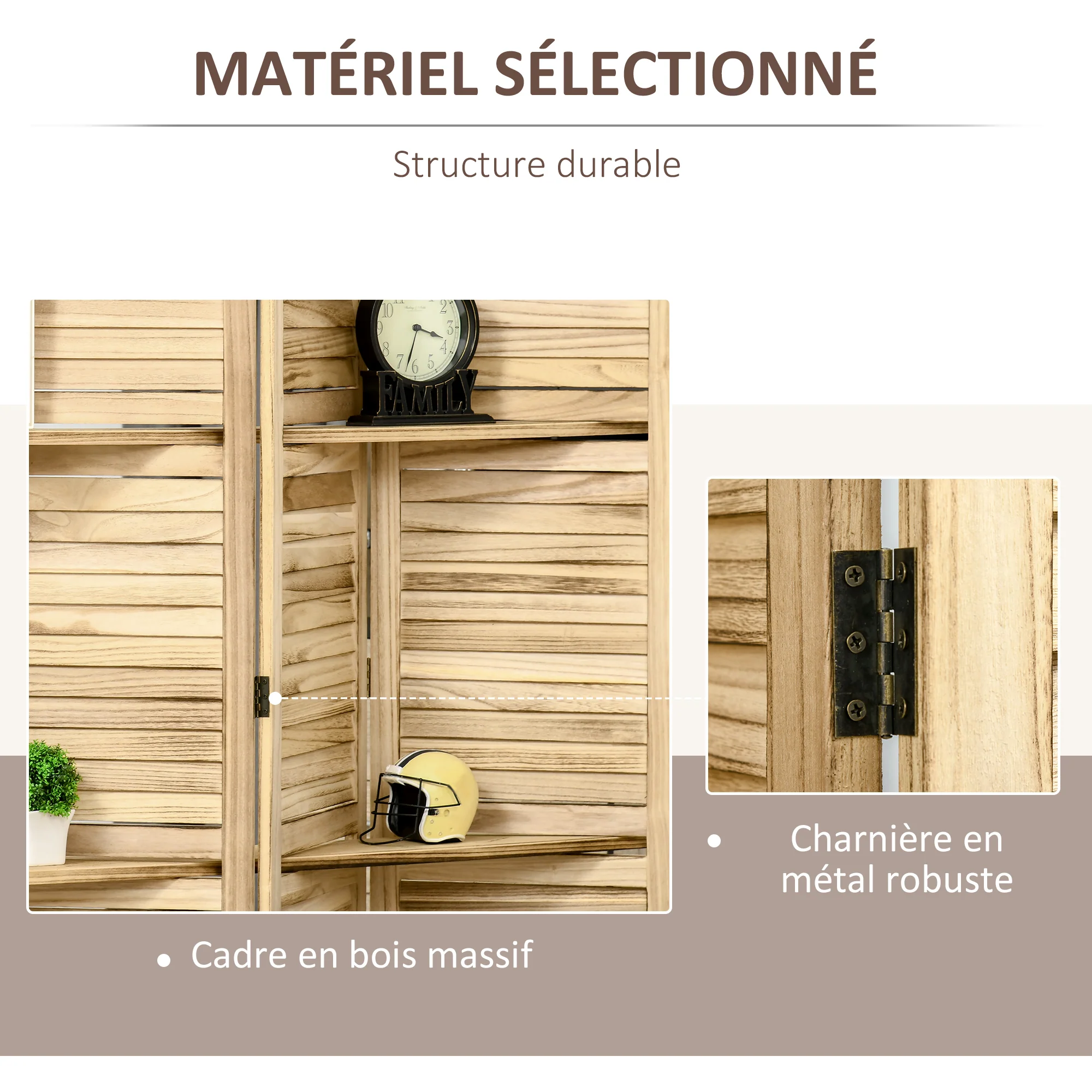 Paravent intérieur 4 Panneaux 162L x 170H cm 3 étagères Pliables séparateur de pièce Portes persiennes Bois de Paulownia Naturel - Image 6