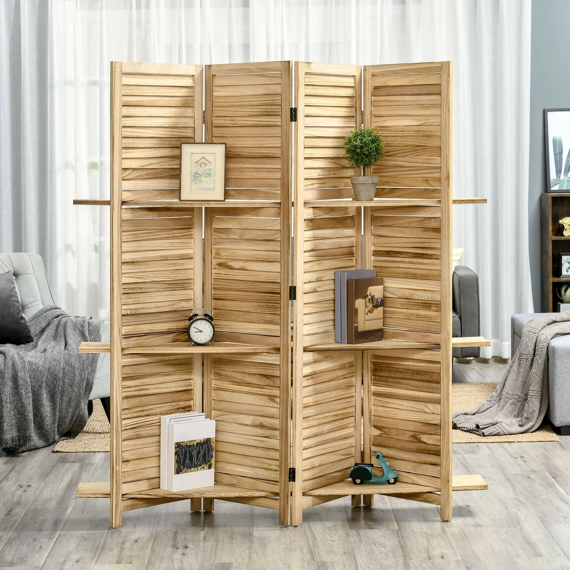 Paravent intérieur 4 Panneaux 162L x 170H cm 3 étagères Pliables séparateur de pièce Portes persiennes Bois de Paulownia Naturel - Image 8
