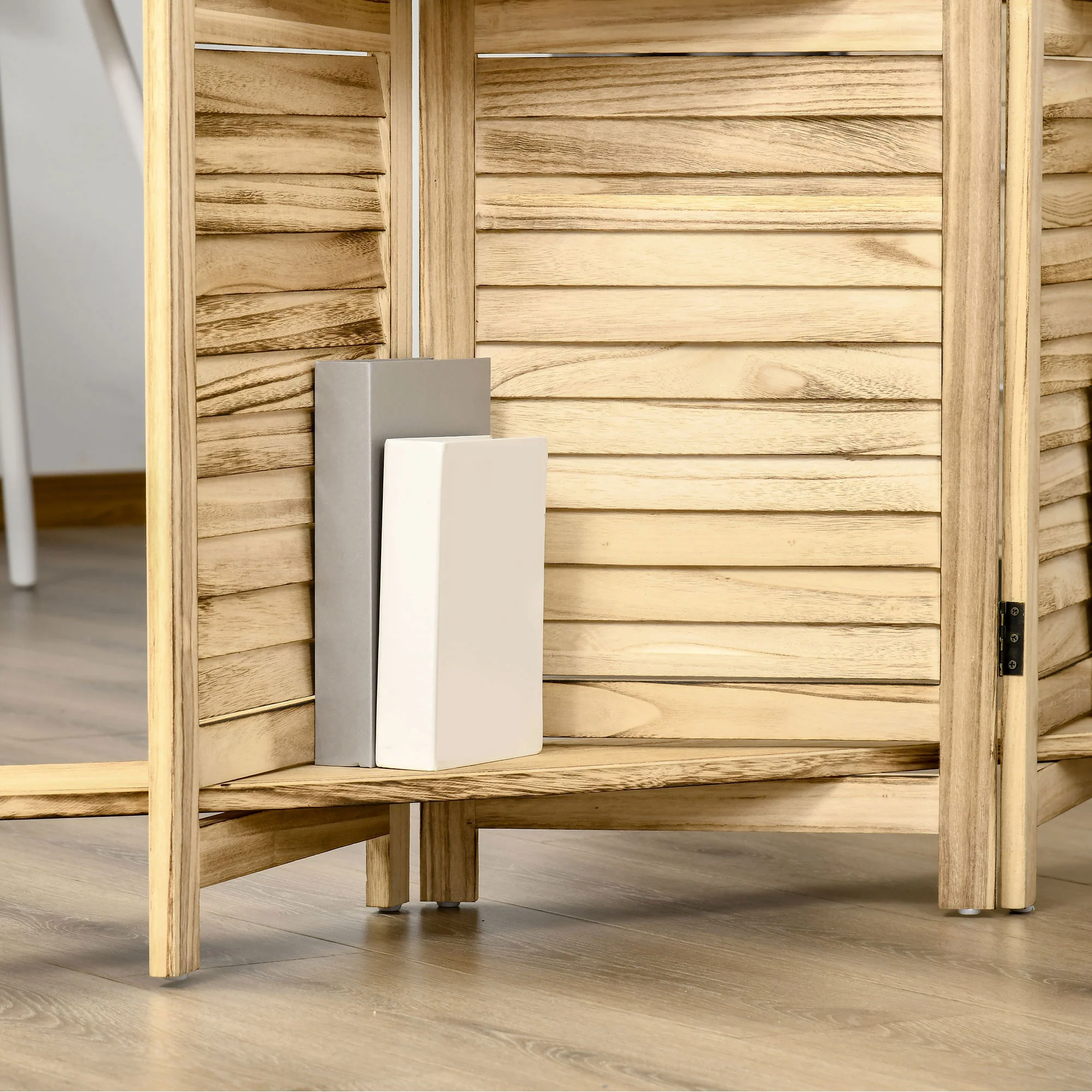 Paravent intérieur 4 Panneaux 162L x 170H cm 3 étagères Pliables séparateur de pièce Portes persiennes Bois de Paulownia Naturel - Image 9