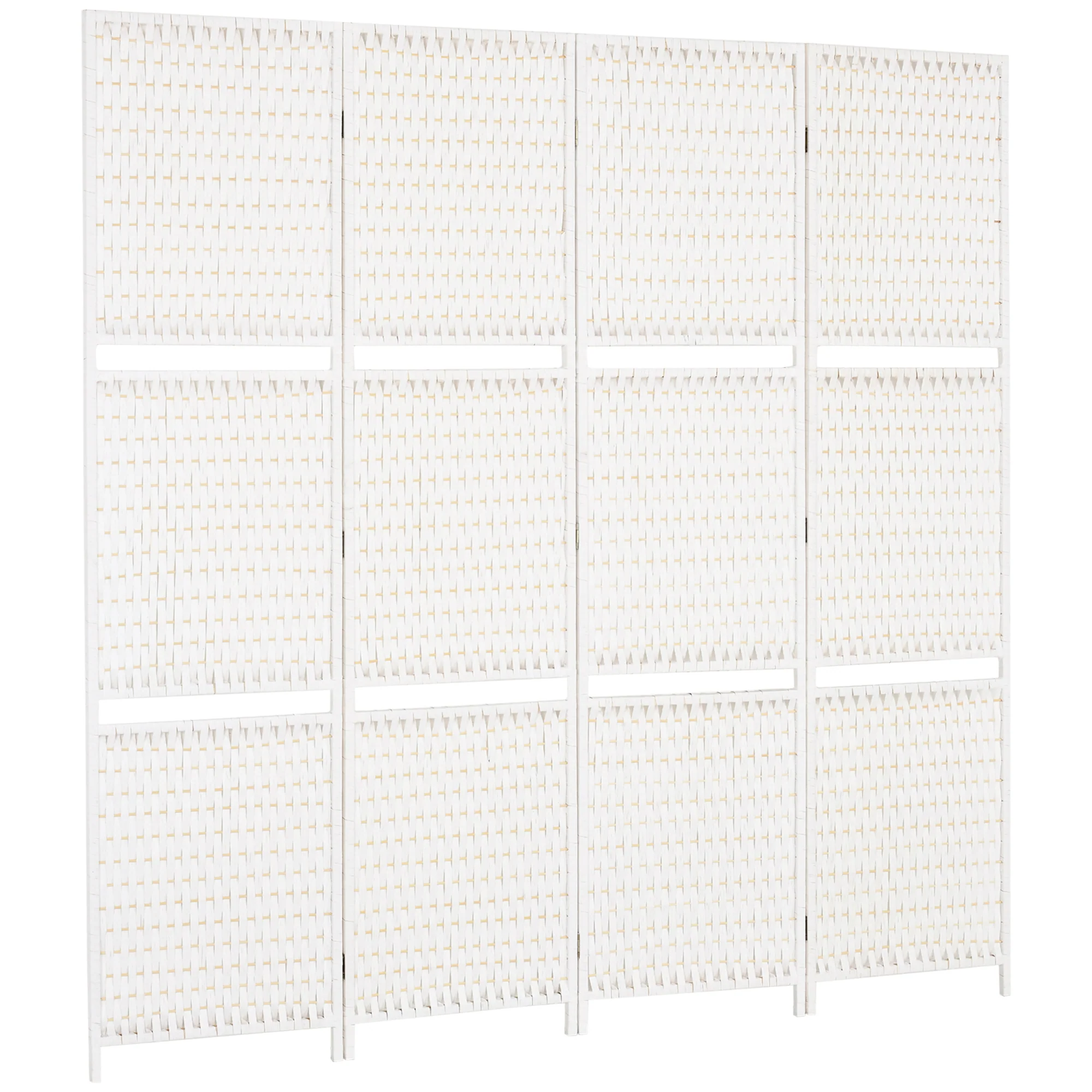 Paravent intérieur 4 panneaux 181L x 180H cm 2 étagères pliables séparateur de pièce bois de pin bambou fibres de papier tressée blanc paille