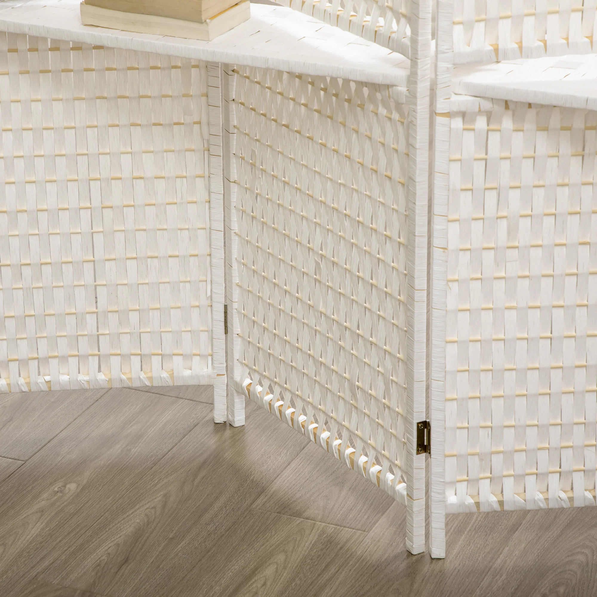 Paravent intérieur 4 panneaux 181L x 180H cm 2 étagères pliables séparateur de pièce bois de pin bambou fibres de papier tressée blanc paille - Image 10