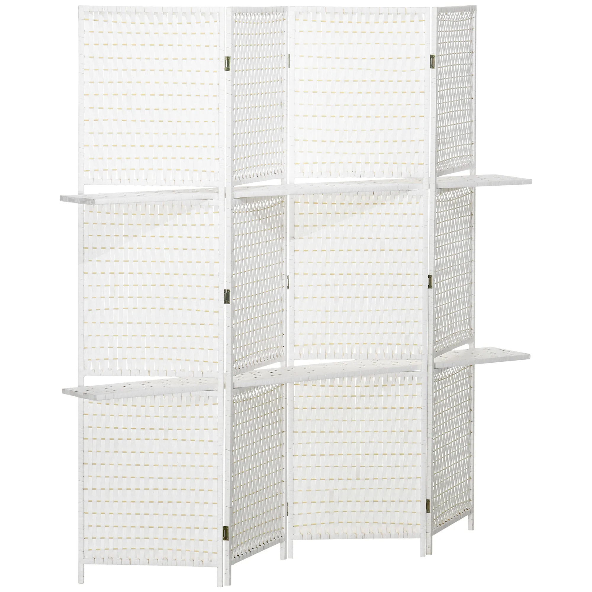 Paravent intérieur 4 panneaux 181L x 180H cm 2 étagères pliables séparateur de pièce bois de pin bambou fibres de papier tressée blanc paille - Image 11