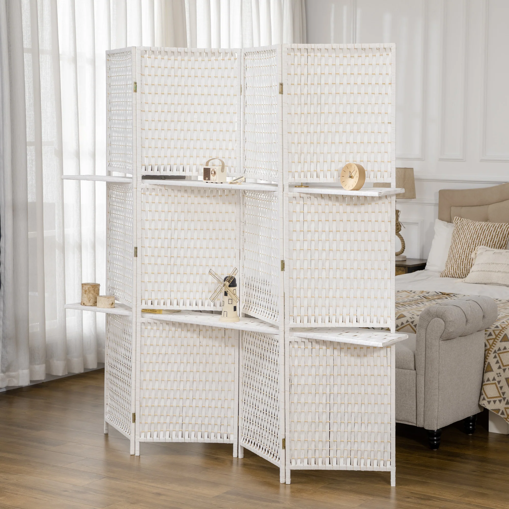 Paravent intérieur 4 panneaux 181L x 180H cm 2 étagères pliables séparateur de pièce bois de pin bambou fibres de papier tressée blanc paille - Image 3