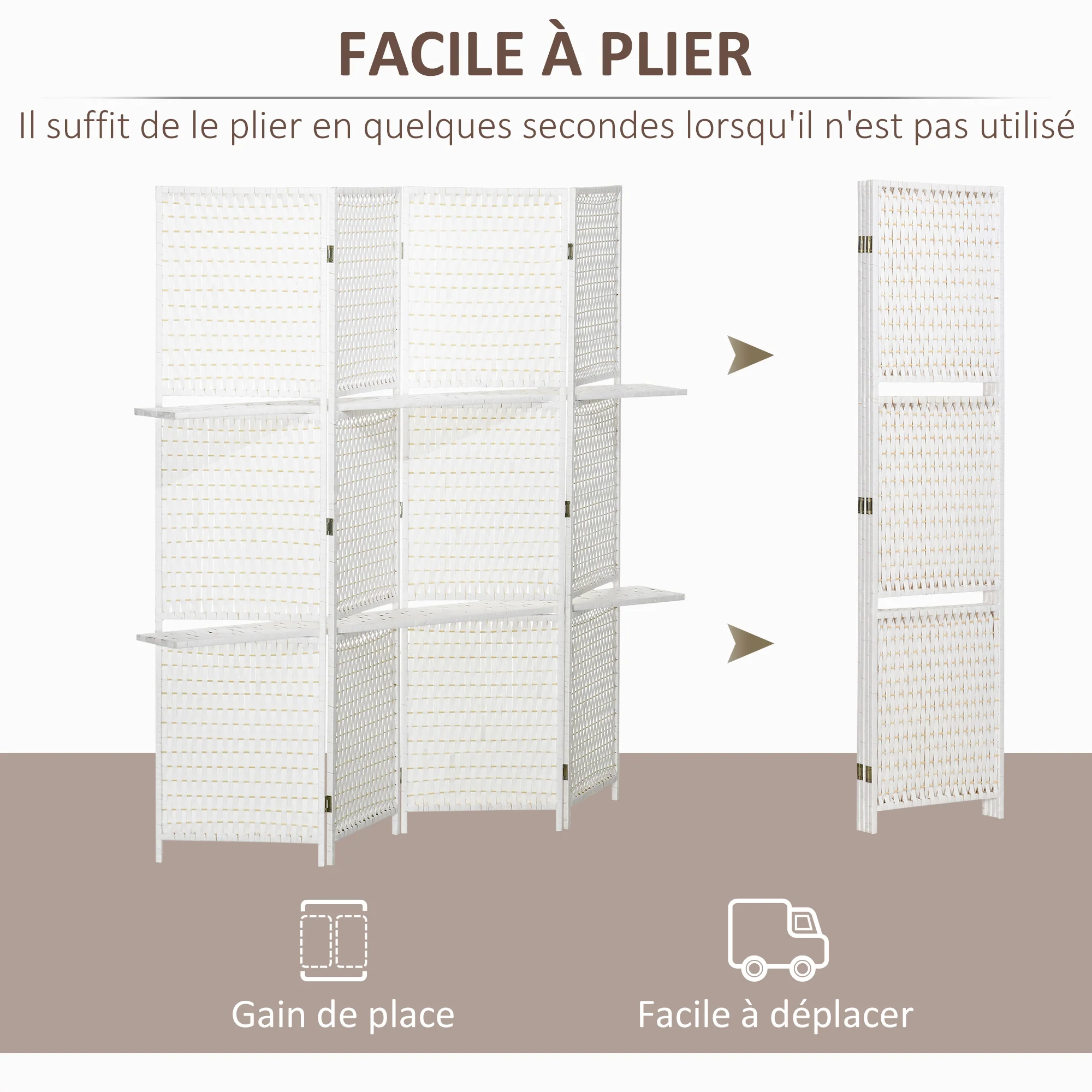 Paravent intérieur 4 panneaux 181L x 180H cm 2 étagères pliables séparateur de pièce bois de pin bambou fibres de papier tressée blanc paille - Image 5