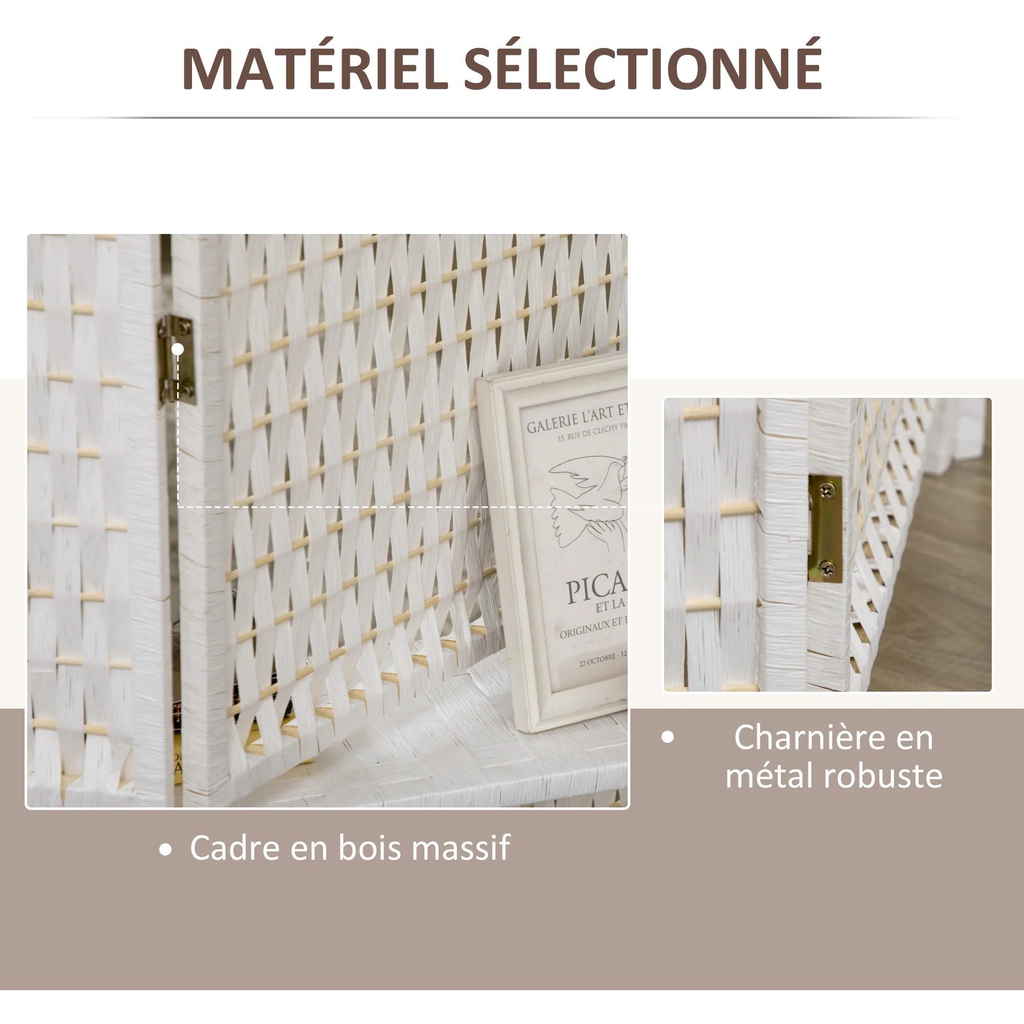 Paravent intérieur 4 panneaux 181L x 180H cm 2 étagères pliables séparateur de pièce bois de pin bambou fibres de papier tressée blanc paille - Image 6
