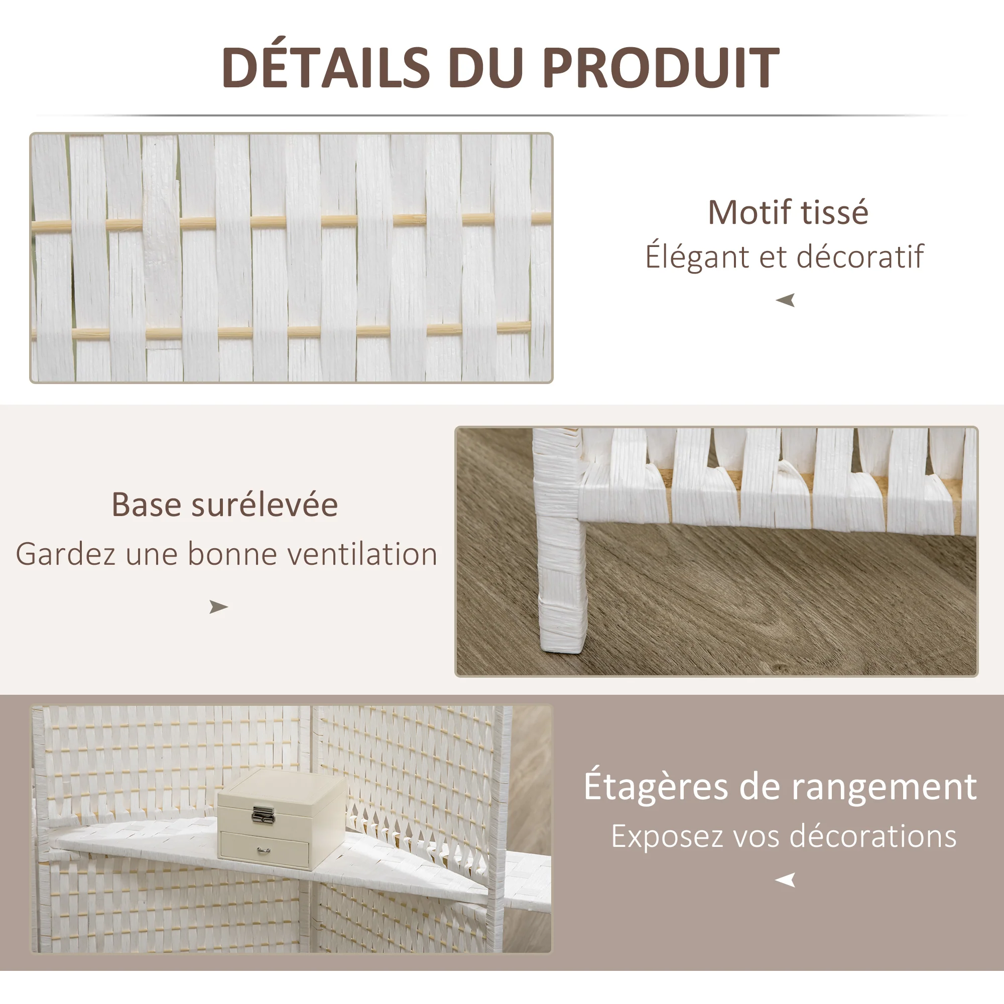 Paravent intérieur 4 panneaux 181L x 180H cm 2 étagères pliables séparateur de pièce bois de pin bambou fibres de papier tressée blanc paille - Image 7