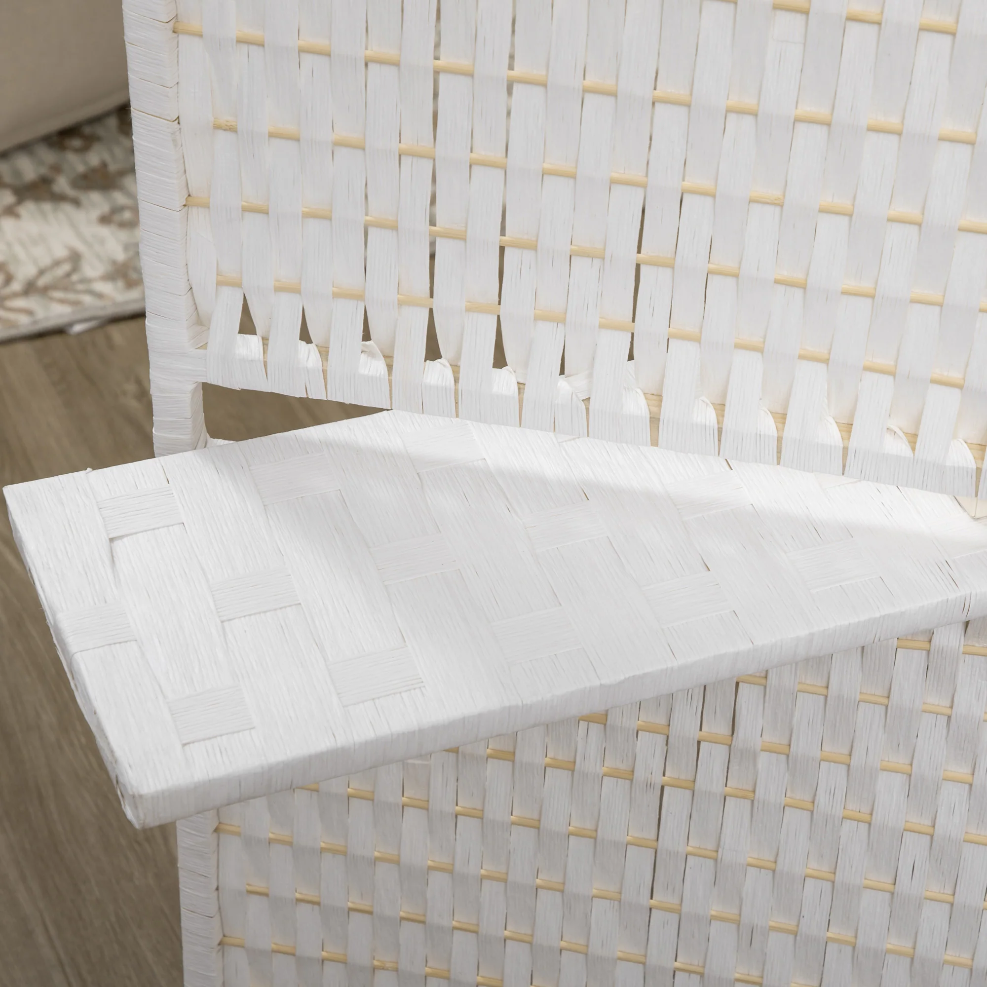 Paravent intérieur 4 panneaux 181L x 180H cm 2 étagères pliables séparateur de pièce bois de pin bambou fibres de papier tressée blanc paille - Image 8