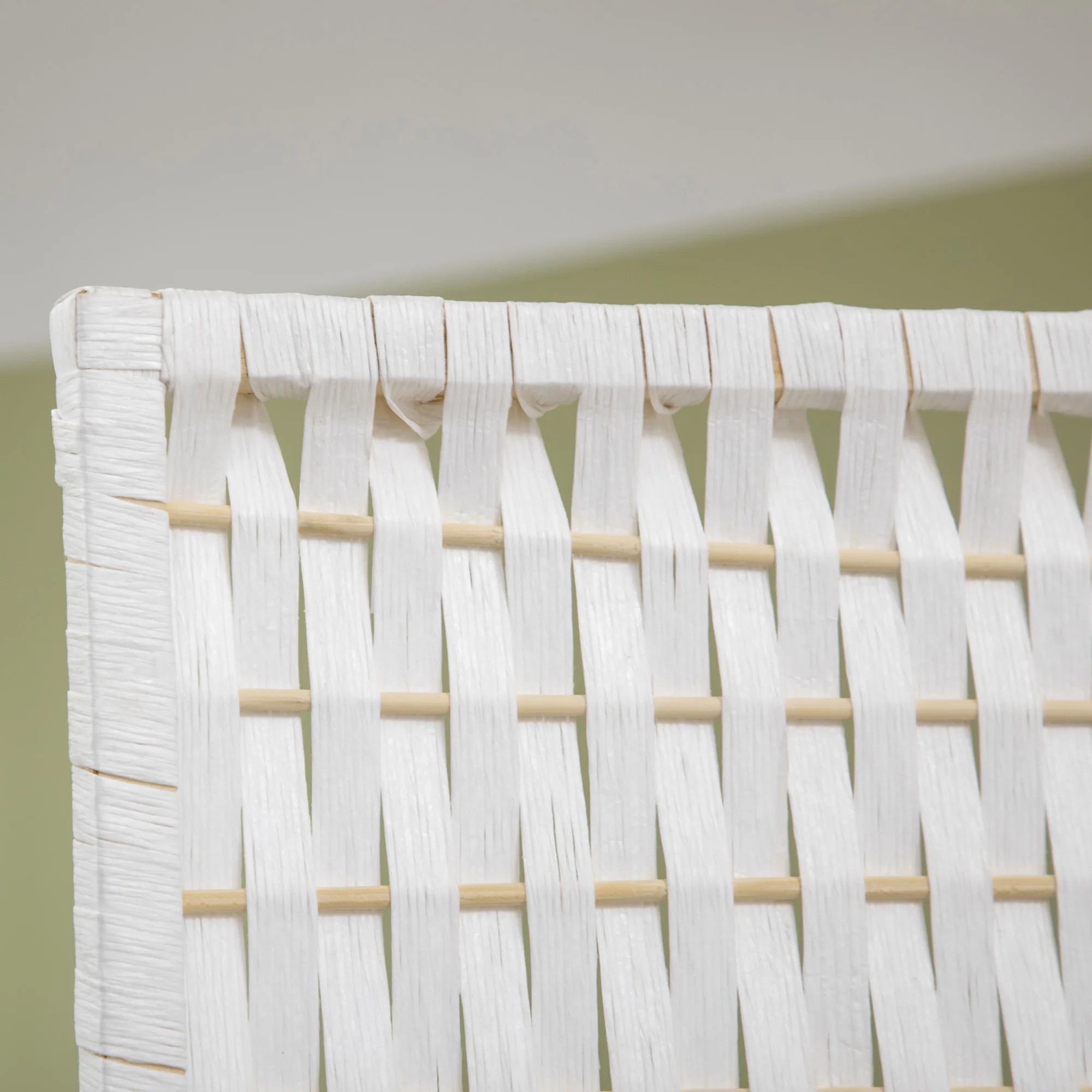 Paravent intérieur 4 panneaux 181L x 180H cm 2 étagères pliables séparateur de pièce bois de pin bambou fibres de papier tressée blanc paille - Image 9