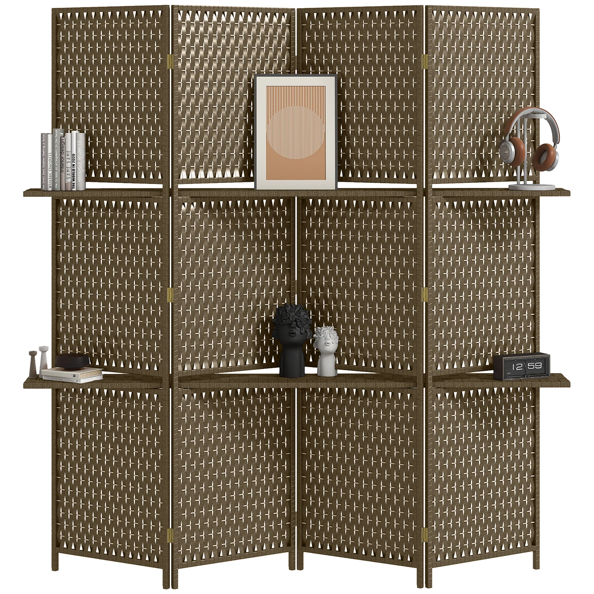 Paravent intérieur 4 panneaux 181L x 180H cm 2 étagères pliables séparateur de pièce bois de pin bambou fibres de papier tressée marron - Image 11