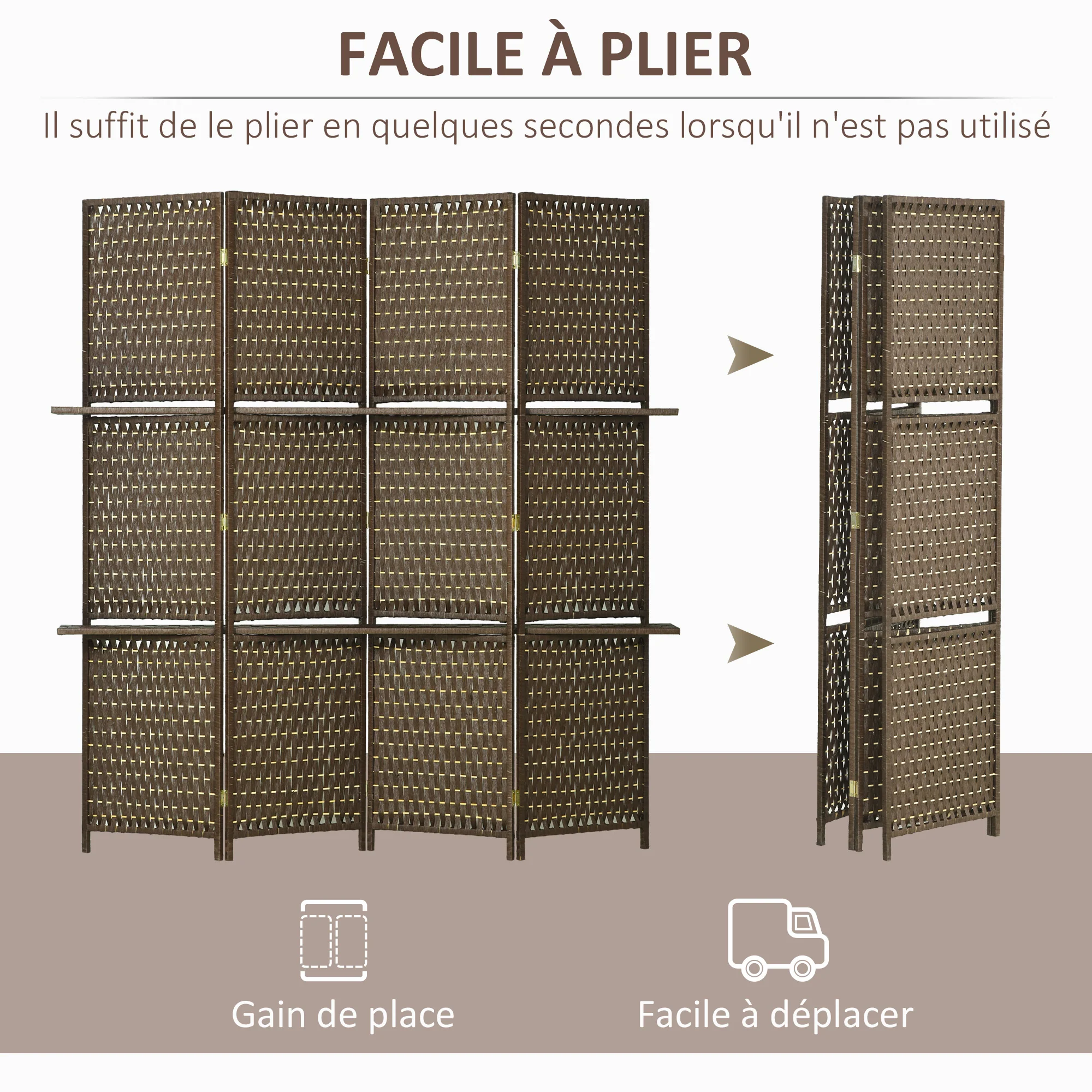 Paravent intérieur 4 panneaux 181L x 180H cm 2 étagères pliables séparateur de pièce bois de pin bambou fibres de papier tressée marron - Image 5