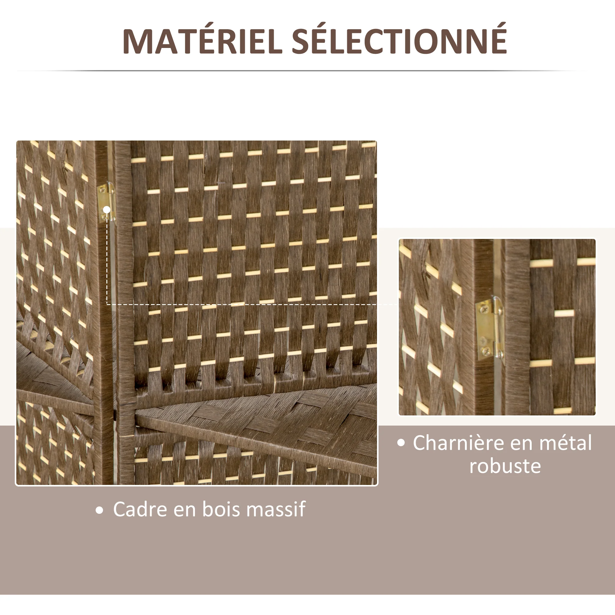 Paravent intérieur 4 panneaux 181L x 180H cm 2 étagères pliables séparateur de pièce bois de pin bambou fibres de papier tressée marron - Image 6