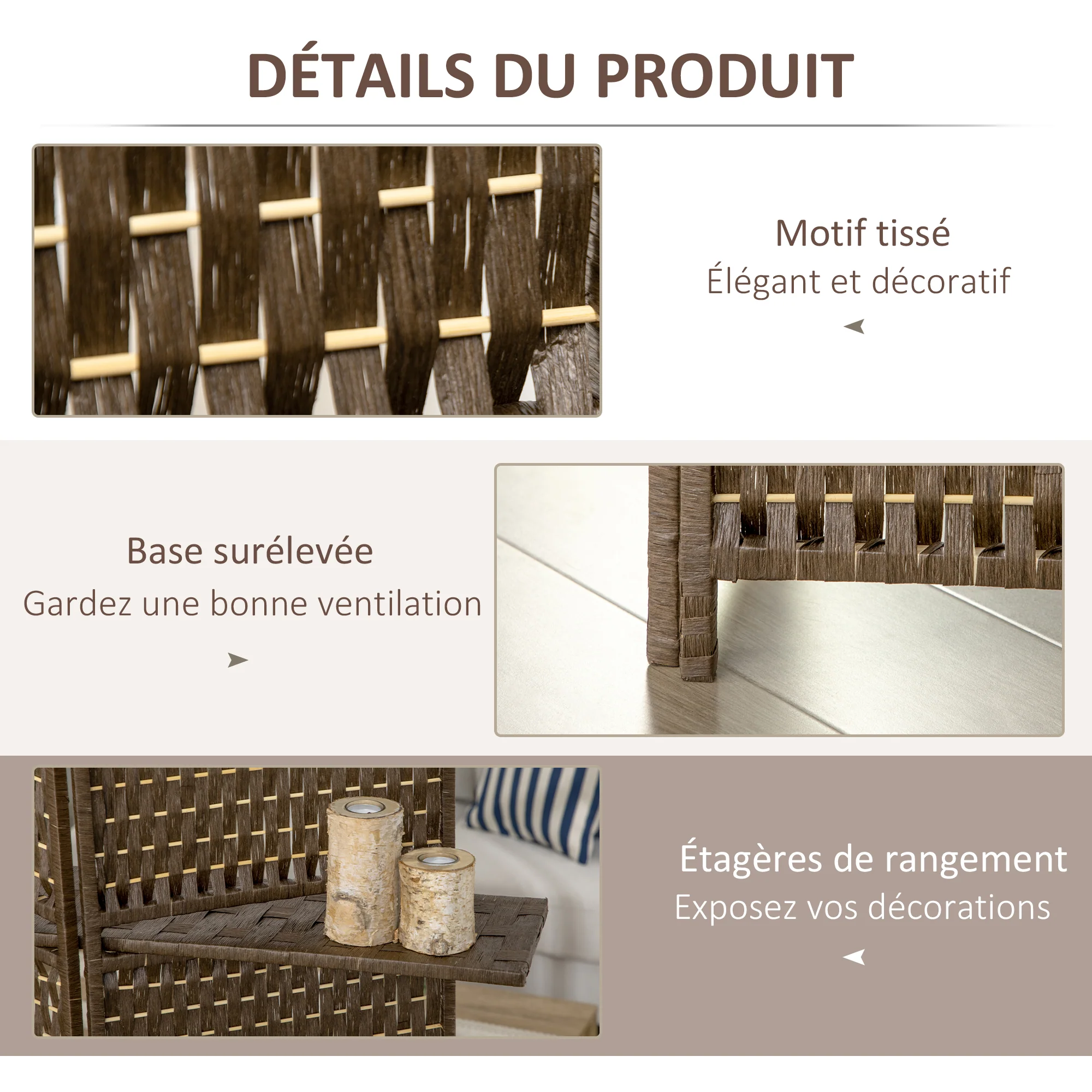Paravent intérieur 4 panneaux 181L x 180H cm 2 étagères pliables séparateur de pièce bois de pin bambou fibres de papier tressée marron - Image 7