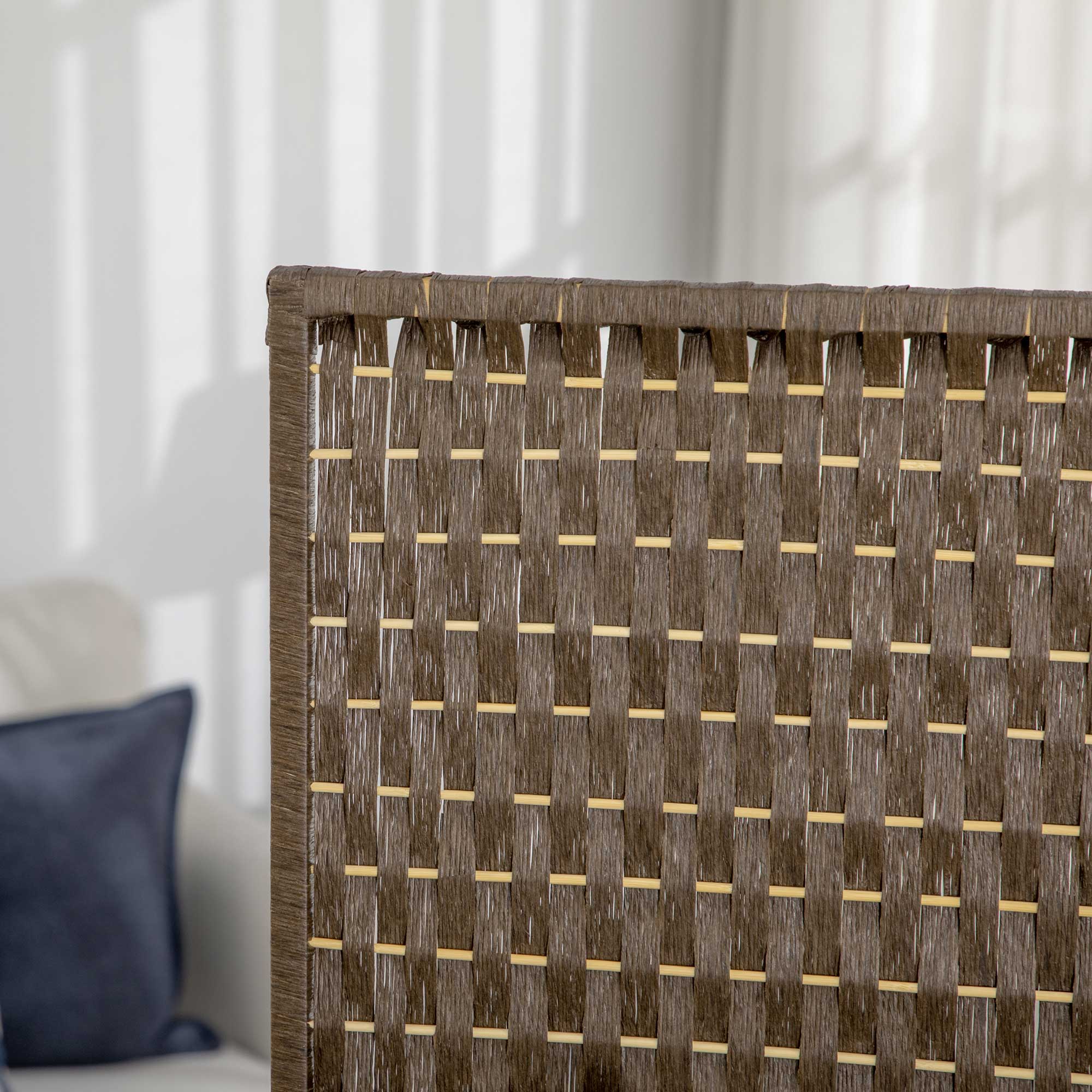 Paravent intérieur 4 panneaux 181L x 180H cm 2 étagères pliables séparateur de pièce bois de pin bambou fibres de papier tressée marron - Image 8