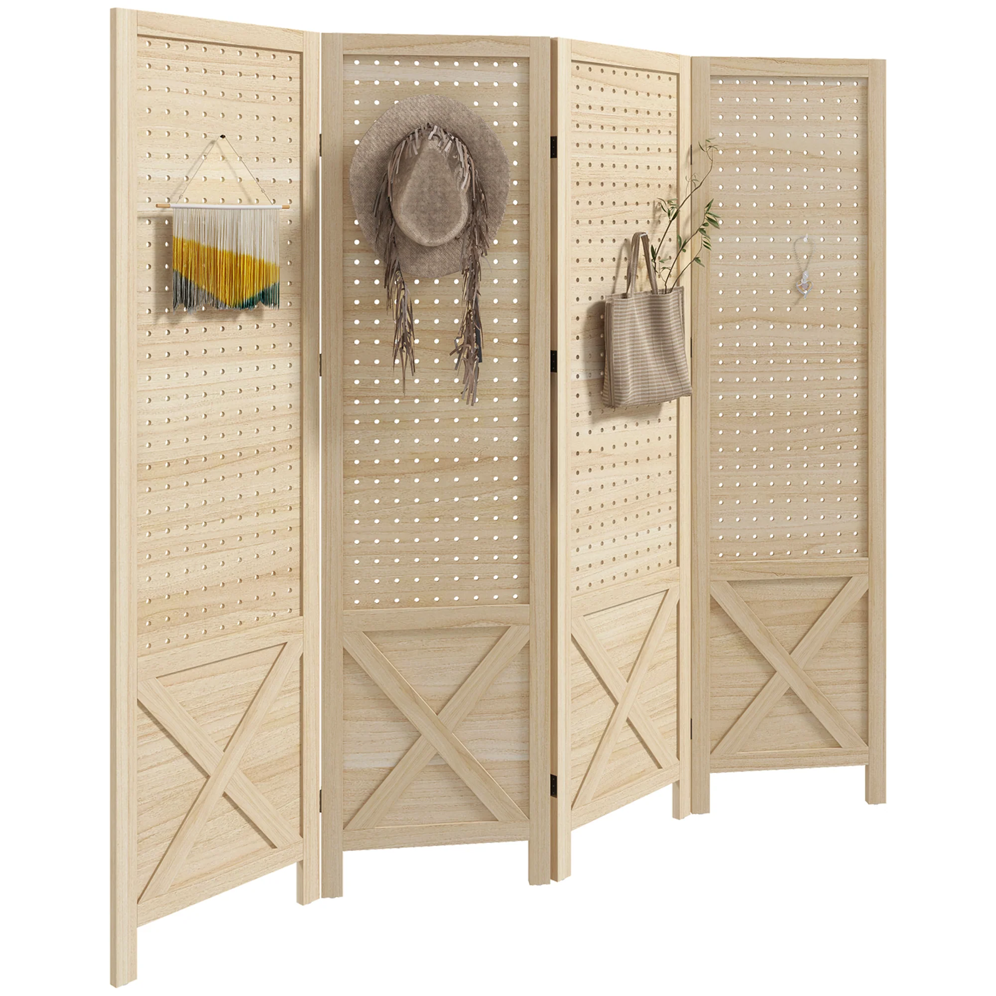 Paravent intérieur en bois, 4 panneaux, 152 x 144,5 cm, panneau perforé, séparateur de pièce pliable, Panneau perforé pour salon, chambre à coucher, maison, bois naturel - Image 11