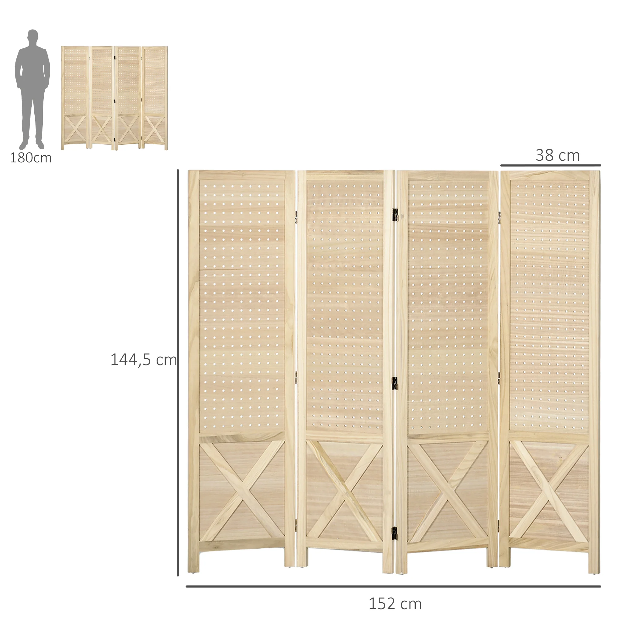 Paravent intérieur en bois, 4 panneaux, 152 x 144,5 cm, panneau perforé, séparateur de pièce pliable, Panneau perforé pour salon, chambre à coucher, maison, bois naturel - Image 4
