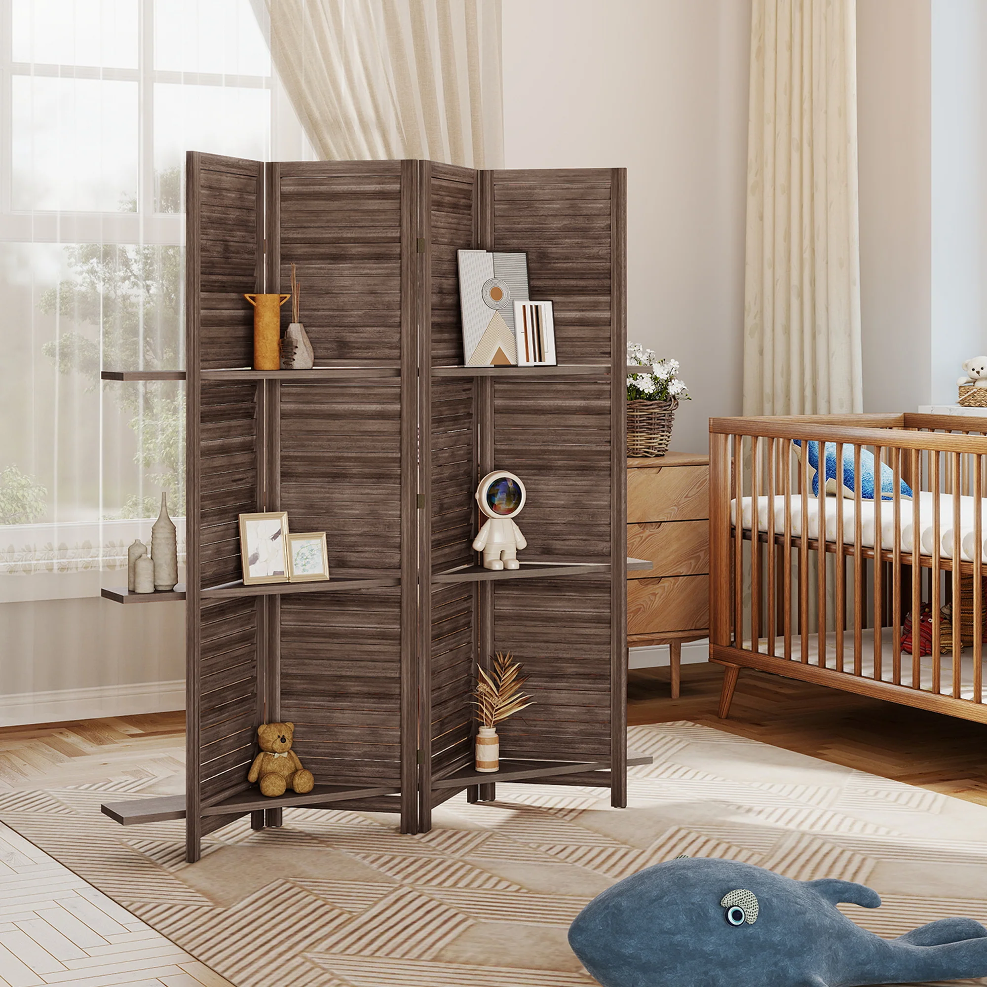 Paravent intérieur en bois 4 panneaux 160 x 170 cm, séparateur de pièce pliable avec 3 étagères, cloison de séparation pour salon, chambre à coucher, maison, noyer - Image 10