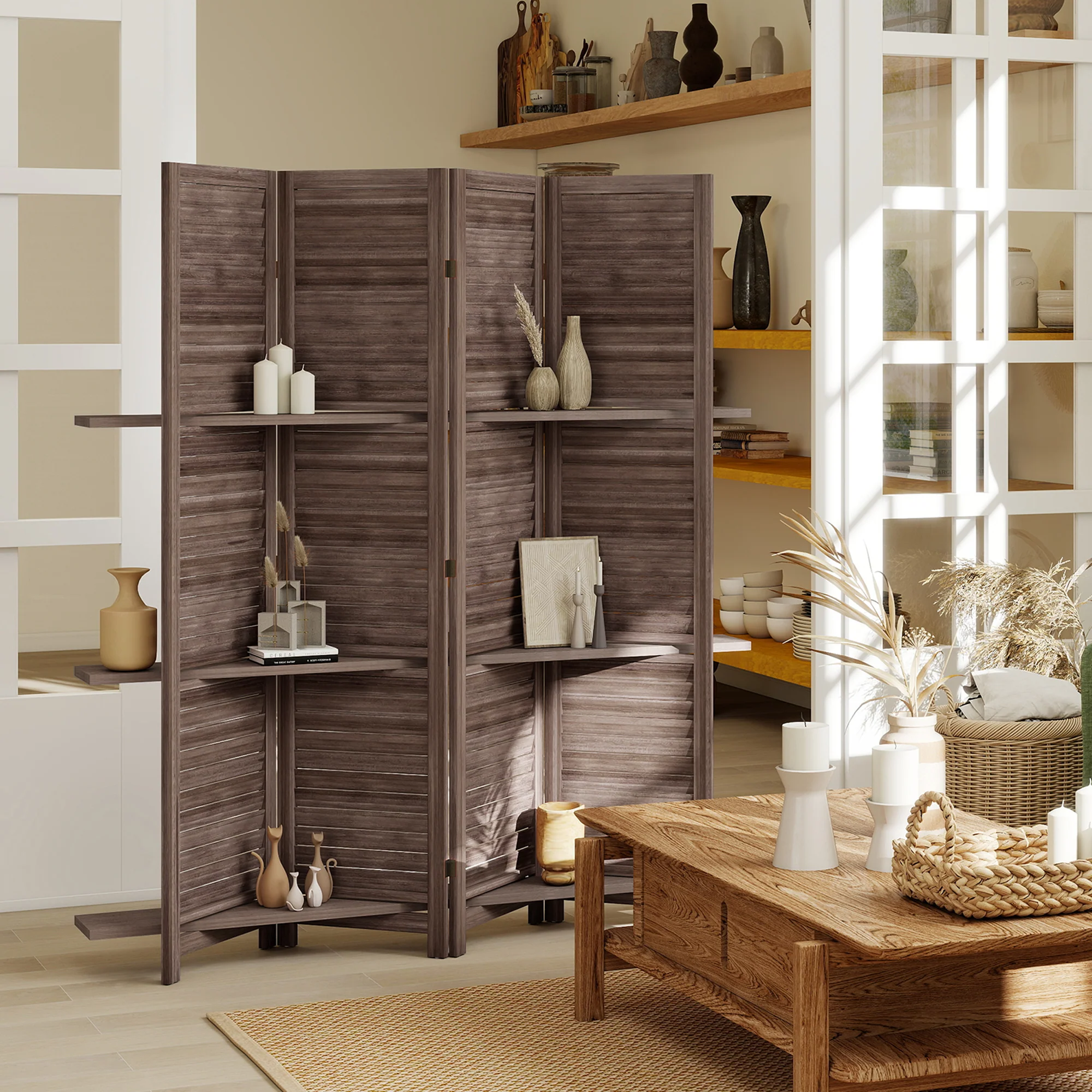 Paravent intérieur en bois 4 panneaux 160 x 170 cm, séparateur de pièce pliable avec 3 étagères, cloison de séparation pour salon, chambre à coucher, maison, noyer - Image 3