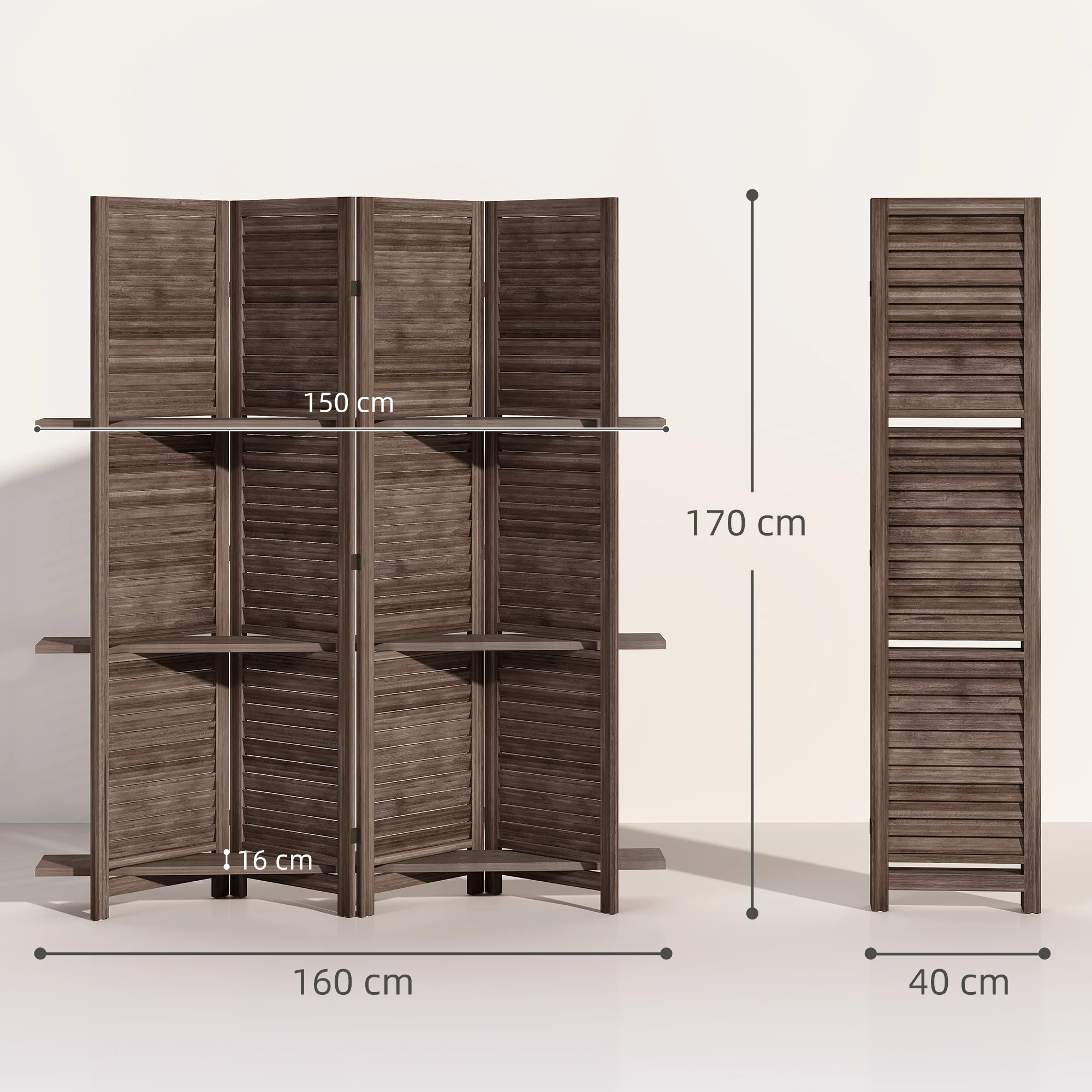 Paravent intérieur en bois 4 panneaux 160 x 170 cm, séparateur de pièce pliable avec 3 étagères, cloison de séparation pour salon, chambre à coucher, maison, noyer - Image 4