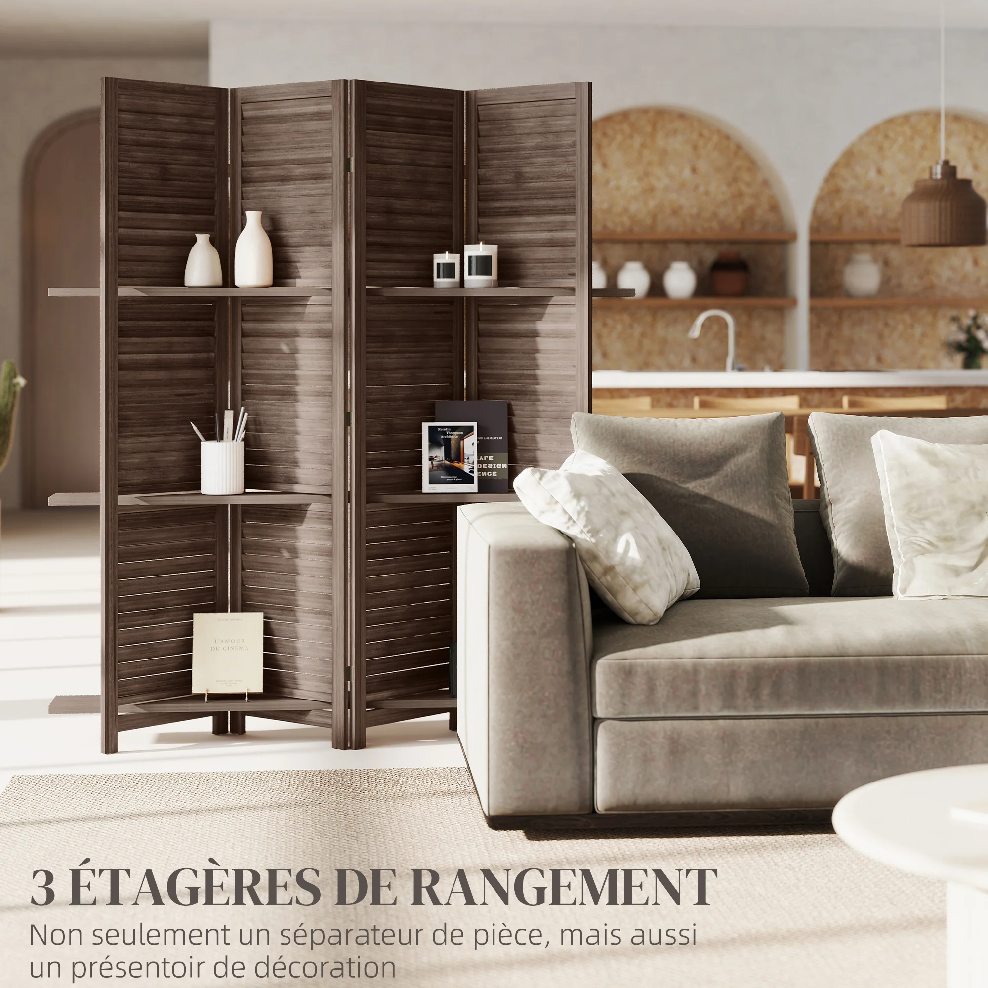Paravent intérieur en bois 4 panneaux 160 x 170 cm, séparateur de pièce pliable avec 3 étagères, cloison de séparation pour salon, chambre à coucher, maison, noyer - Image 5
