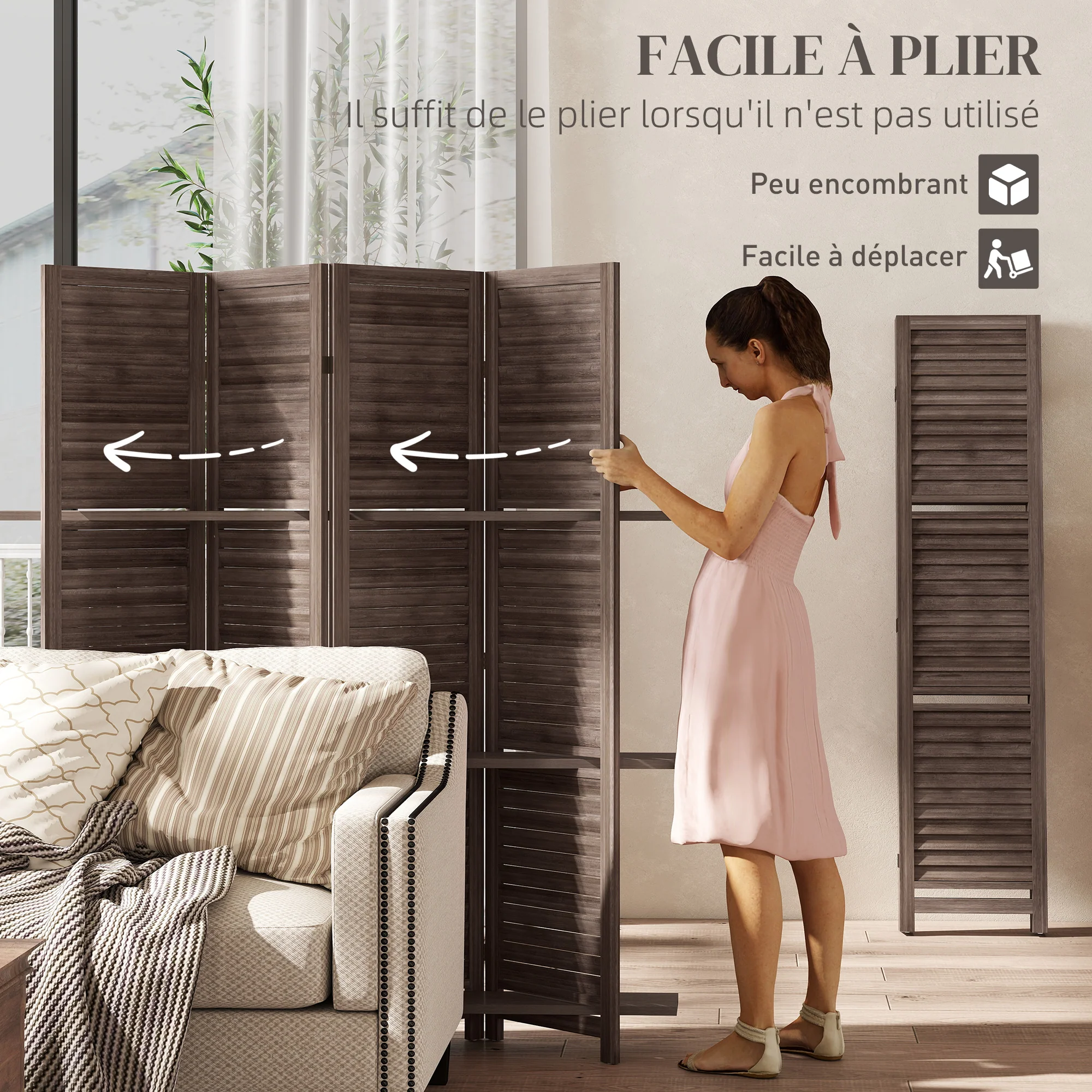 Paravent intérieur en bois 4 panneaux 160 x 170 cm, séparateur de pièce pliable avec 3 étagères, cloison de séparation pour salon, chambre à coucher, maison, noyer - Image 6
