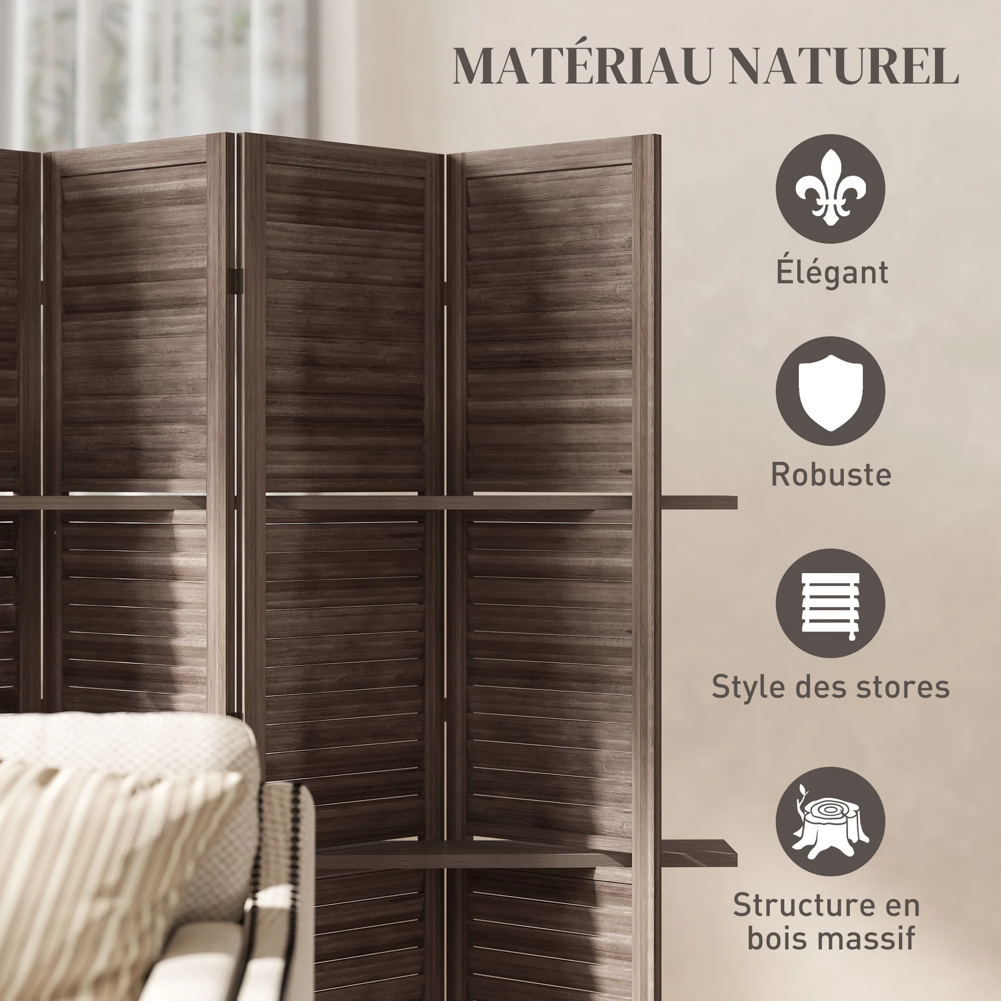 Paravent intérieur en bois 4 panneaux 160 x 170 cm, séparateur de pièce pliable avec 3 étagères, cloison de séparation pour salon, chambre à coucher, maison, noyer - Image 7