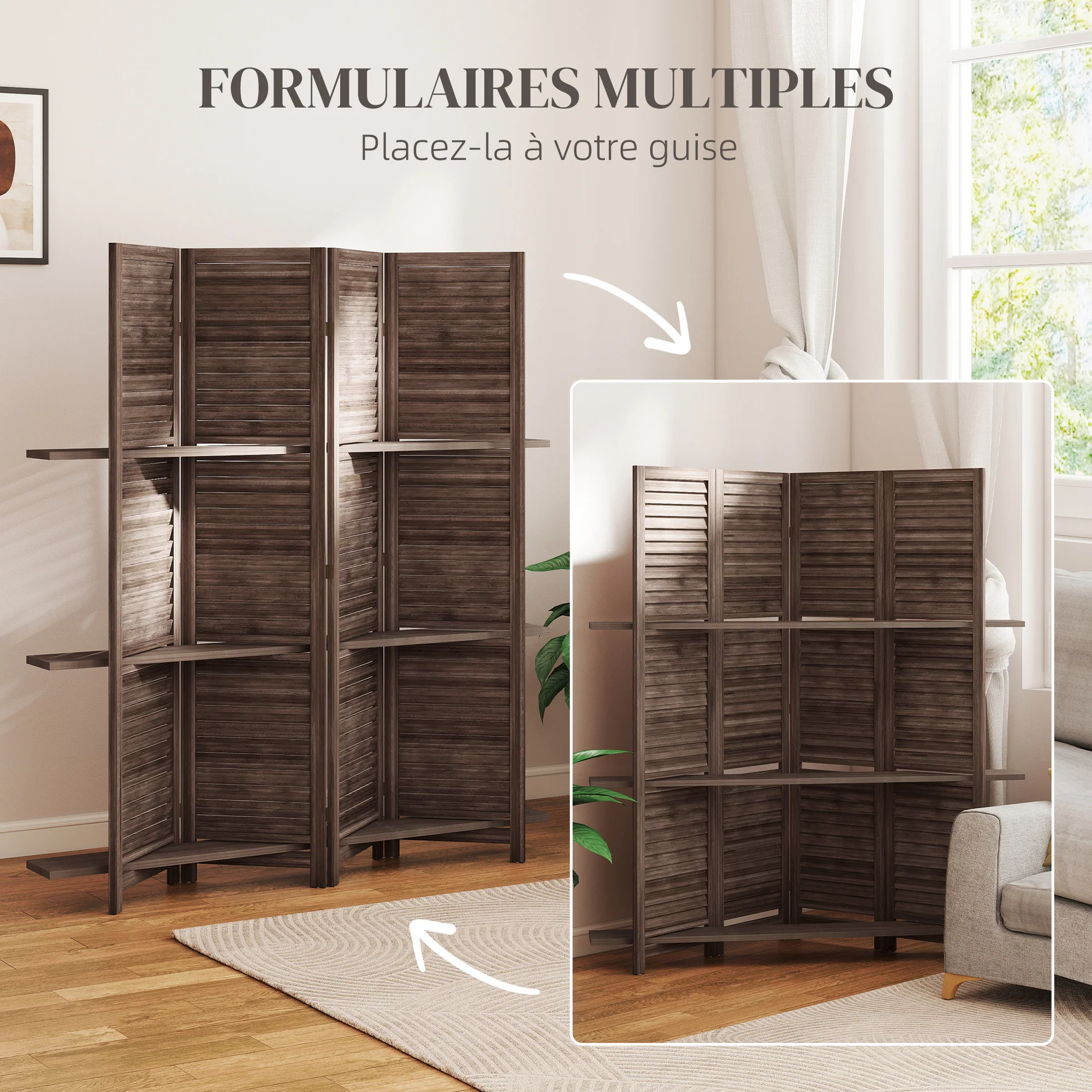 Paravent intérieur en bois 4 panneaux 160 x 170 cm, séparateur de pièce pliable avec 3 étagères, cloison de séparation pour salon, chambre à coucher, maison, noyer - Image 8