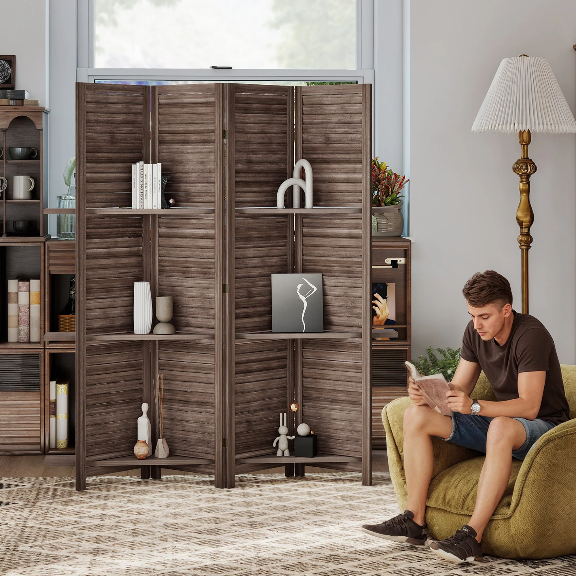 Paravent intérieur en bois 4 panneaux 160 x 170 cm, séparateur de pièce pliable avec 3 étagères, cloison de séparation pour salon, chambre à coucher, maison, noyer - Image 9