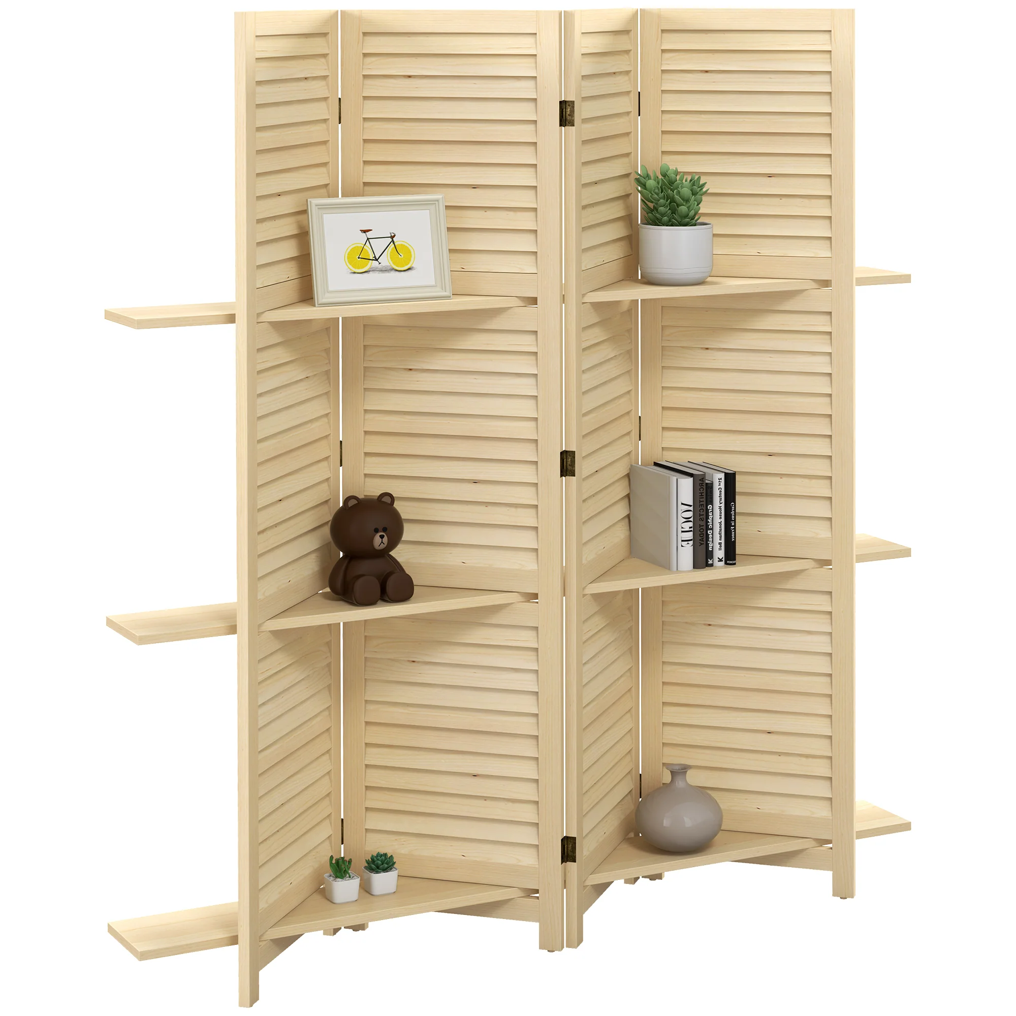 Paravent intérieur en bois 4 panneaux 160 x 170 cm, séparateur de pièce pliable avec 3 étagères, cloison de séparation pour salon, chambre à coucher, maison, naturel - Image 11