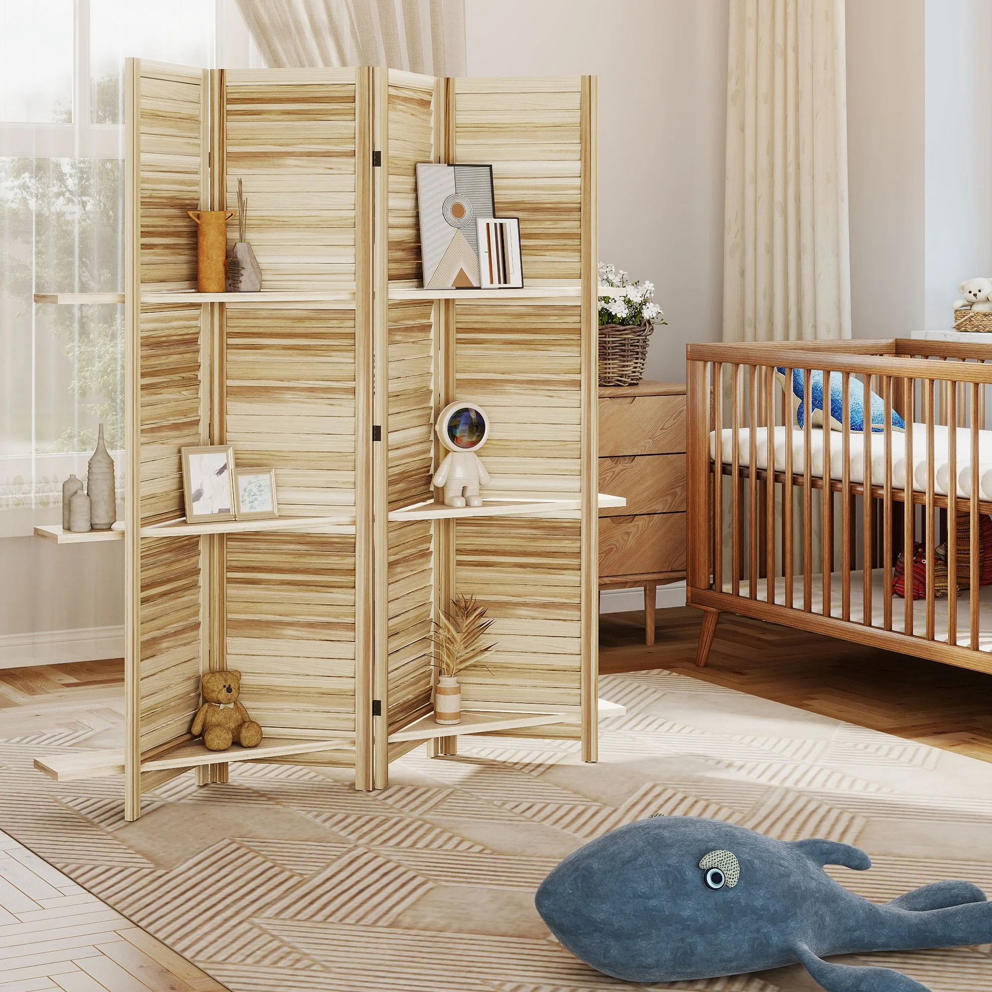 Paravent intérieur en bois 4 panneaux 160 x 170 cm, séparateur de pièce pliable avec 3 étagères, cloison de séparation pour salon, chambre à coucher, maison, bois naturel - Image 10