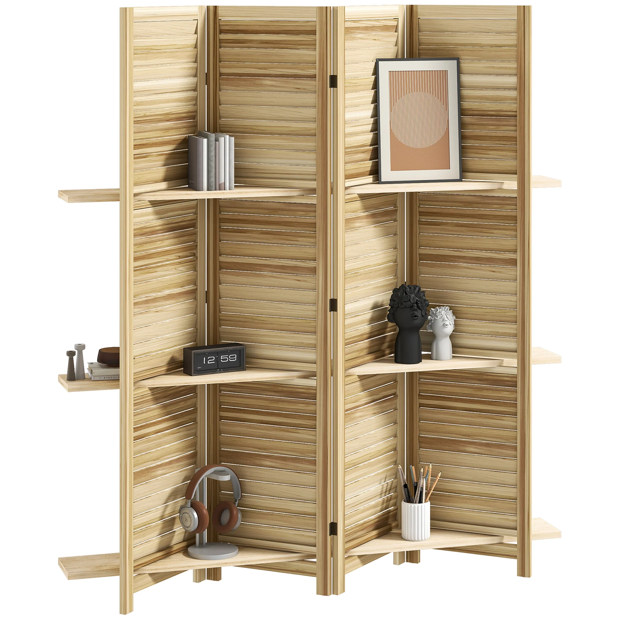 Paravent intérieur en bois 4 panneaux 160 x 170 cm, séparateur de pièce pliable avec 3 étagères, cloison de séparation pour salon, chambre à coucher, maison, bois naturel - Image 11
