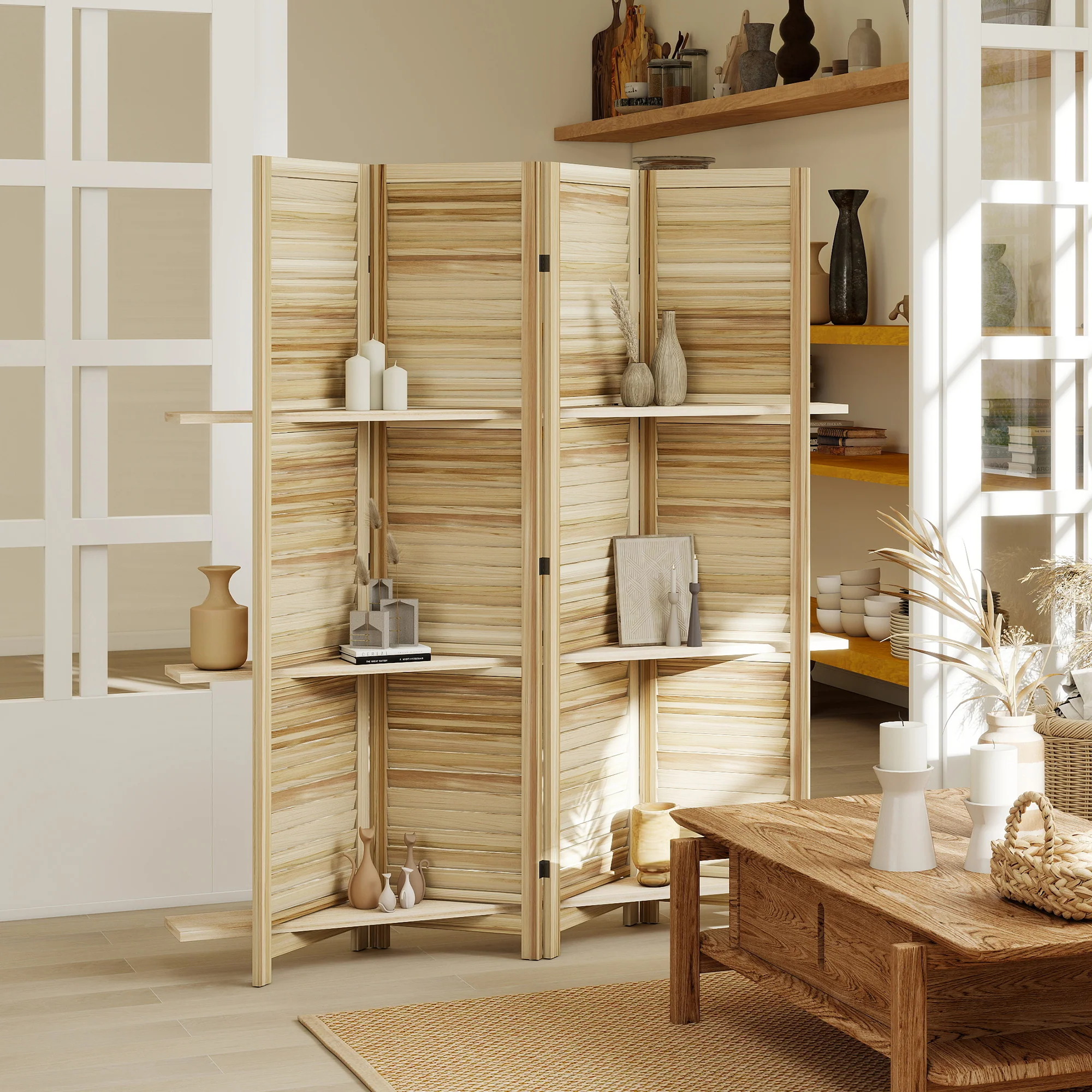 Paravent intérieur en bois 4 panneaux 160 x 170 cm, séparateur de pièce pliable avec 3 étagères, cloison de séparation pour salon, chambre à coucher, maison, bois naturel - Image 3