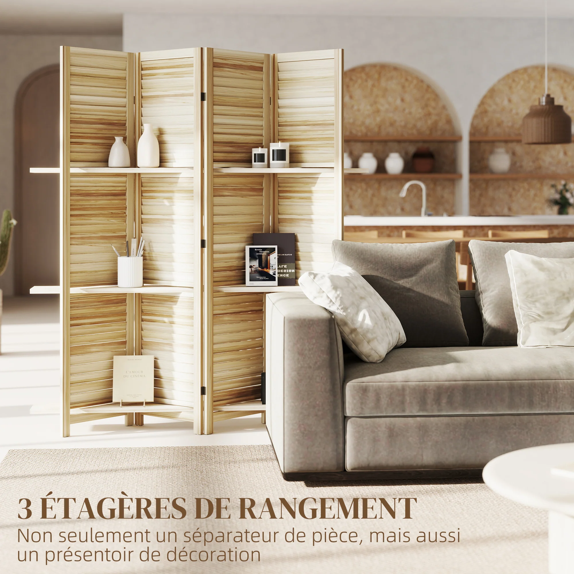 Paravent intérieur en bois 4 panneaux 160 x 170 cm, séparateur de pièce pliable avec 3 étagères, cloison de séparation pour salon, chambre à coucher, maison, bois naturel - Image 5