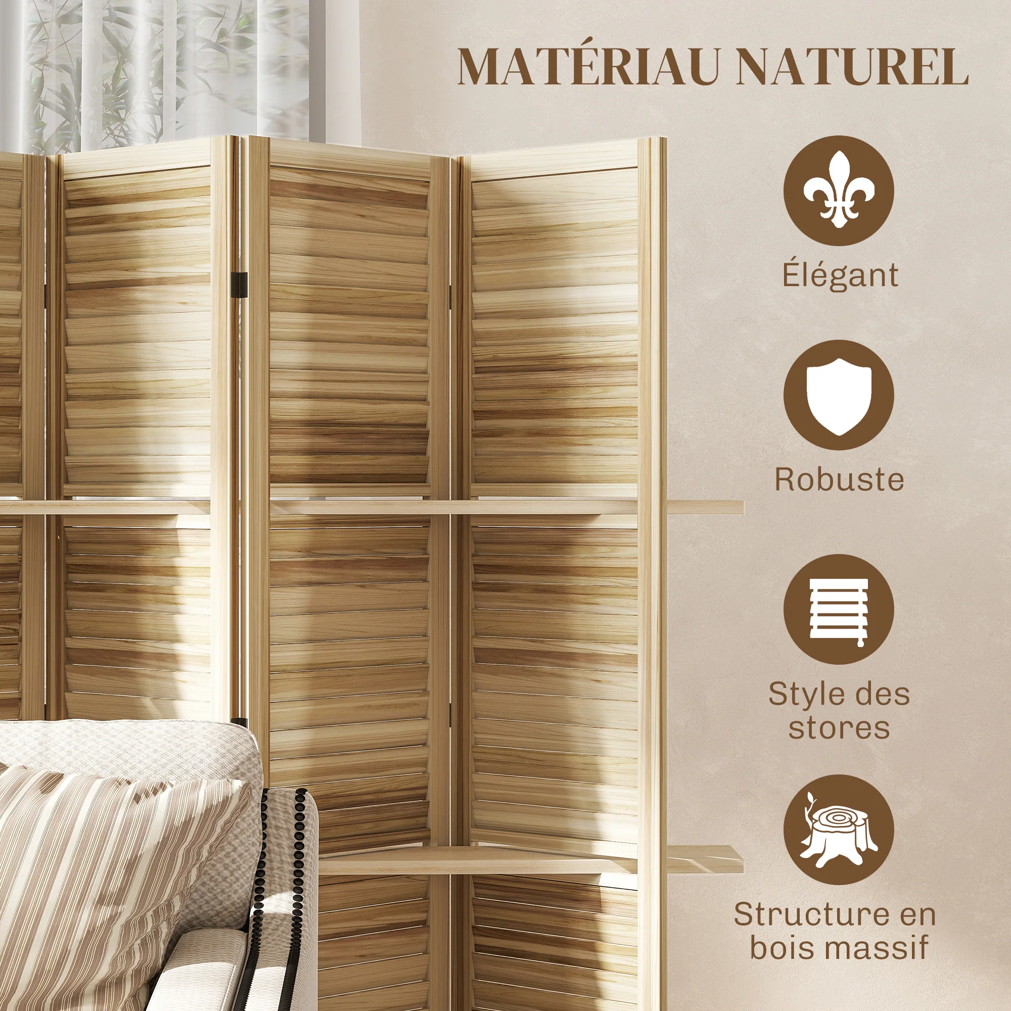 Paravent intérieur en bois 4 panneaux 160 x 170 cm, séparateur de pièce pliable avec 3 étagères, cloison de séparation pour salon, chambre à coucher, maison, bois naturel - Image 7