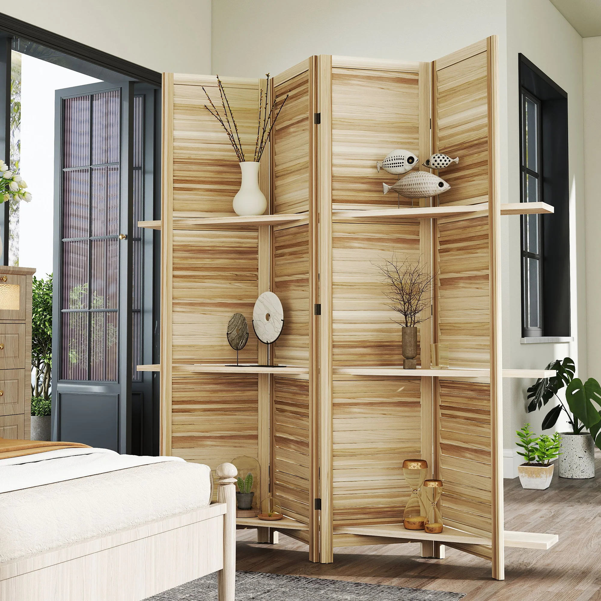 Paravent intérieur en bois 4 panneaux 160 x 170 cm, séparateur de pièce pliable avec 3 étagères, cloison de séparation pour salon, chambre à coucher, maison, bois naturel - Image 9