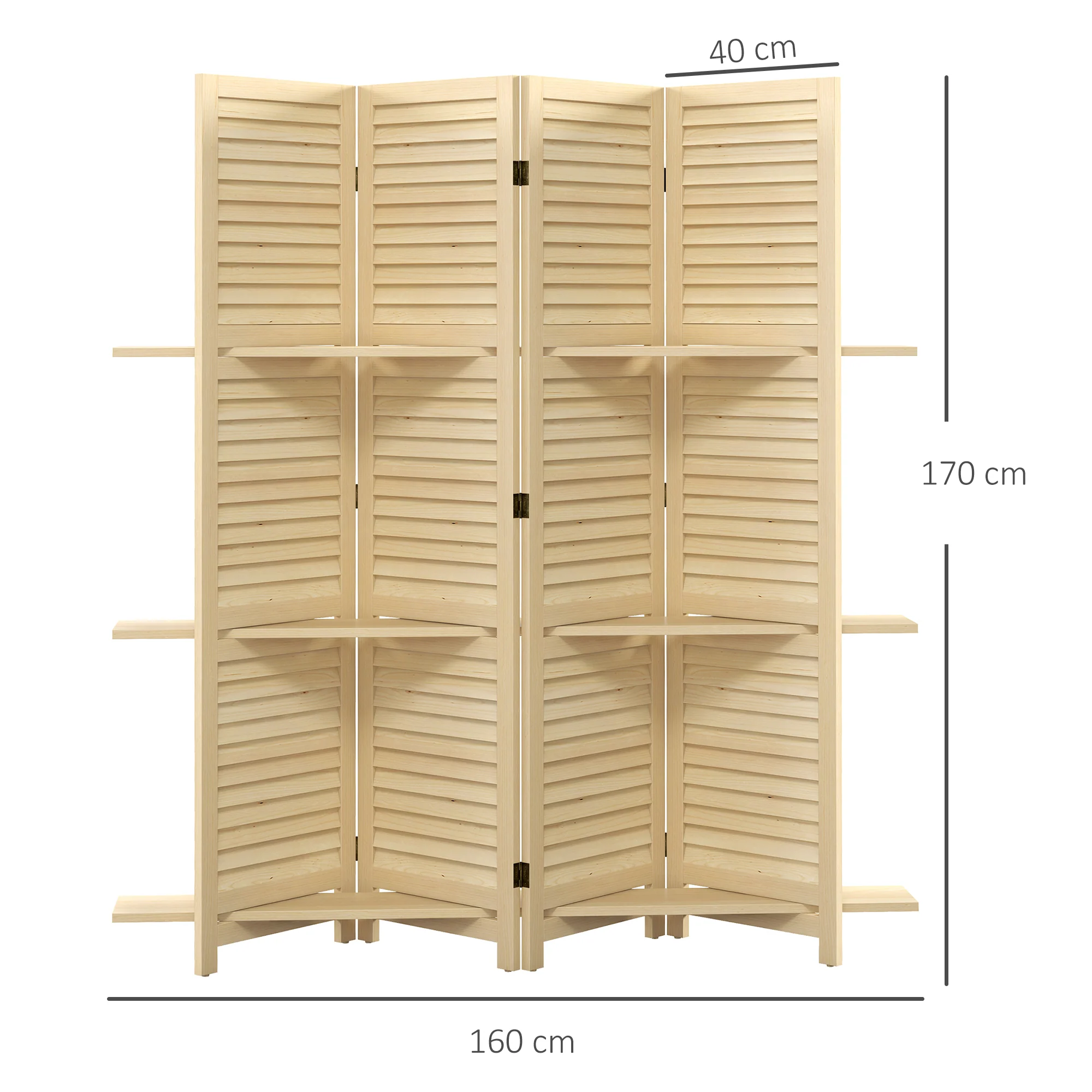 Paravent intérieur en bois 4 panneaux 160 x 170 cm, séparateur de pièce pliable avec 3 étagères, cloison de séparation pour salon, chambre à coucher, maison, naturel - Image 4