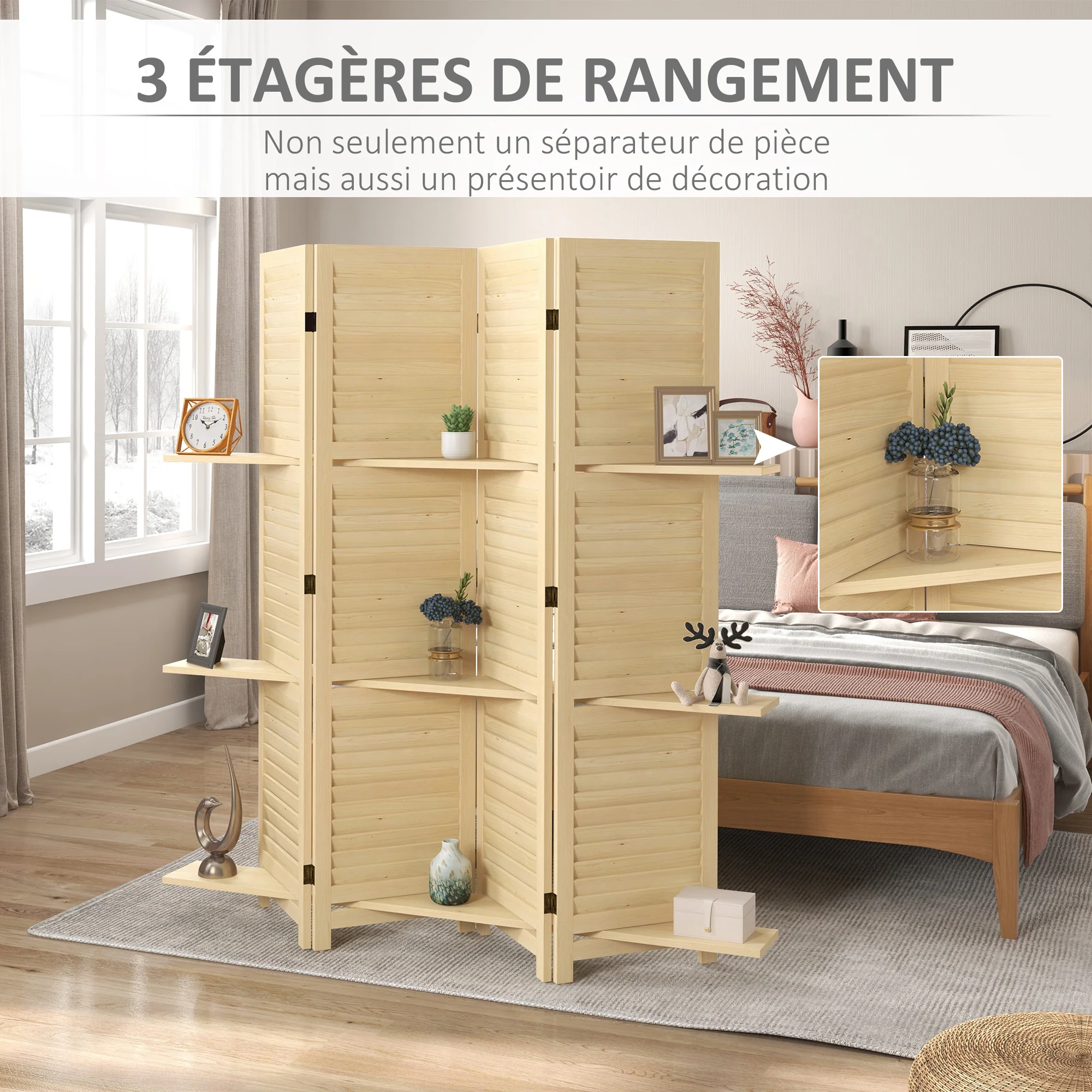 Paravent intérieur en bois 4 panneaux 160 x 170 cm, séparateur de pièce pliable avec 3 étagères, cloison de séparation pour salon, chambre à coucher, maison, naturel - Image 5