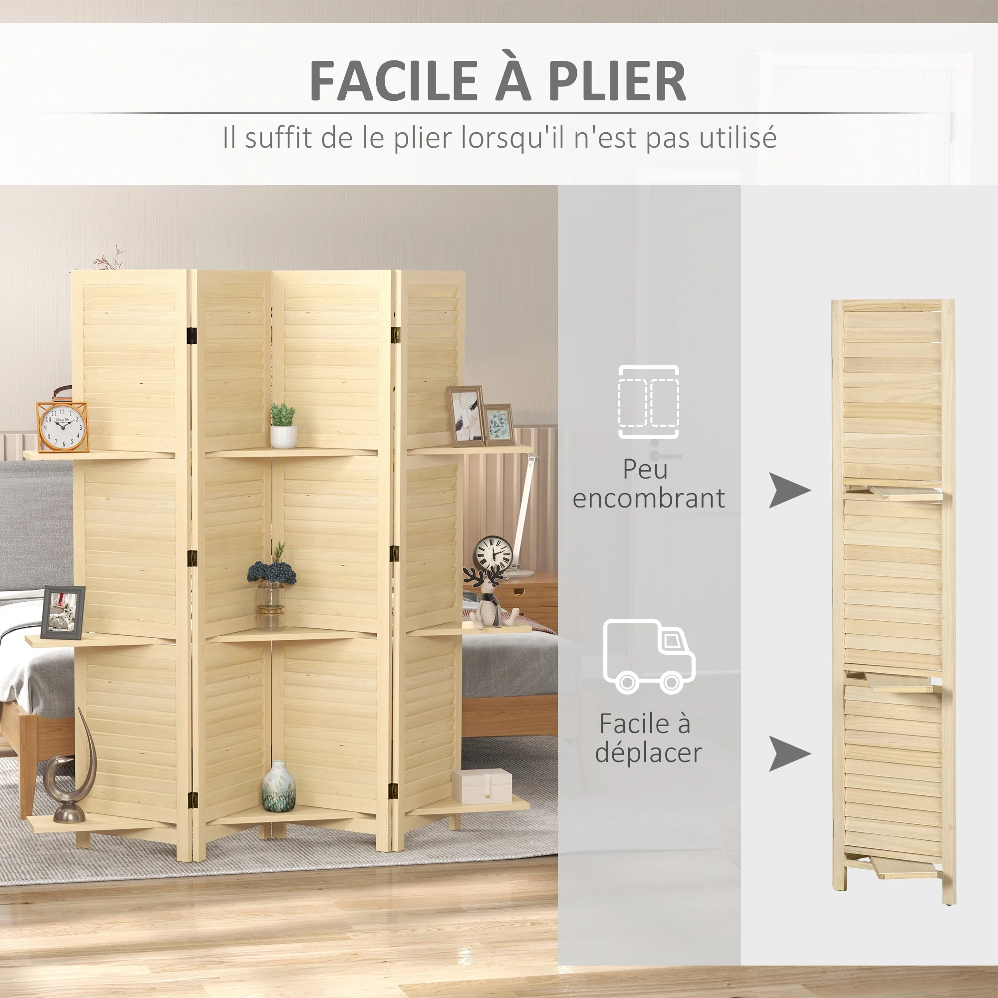 Paravent intérieur en bois 4 panneaux 160 x 170 cm, séparateur de pièce pliable avec 3 étagères, cloison de séparation pour salon, chambre à coucher, maison, naturel - Image 6